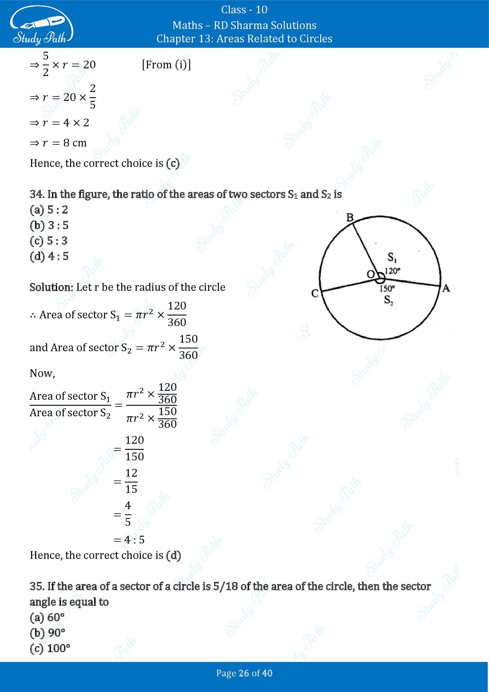 RD Sharma Solutions Class 10 Chapter 13 Areas Related to Circles Multiple Choice Question MCQs 00026