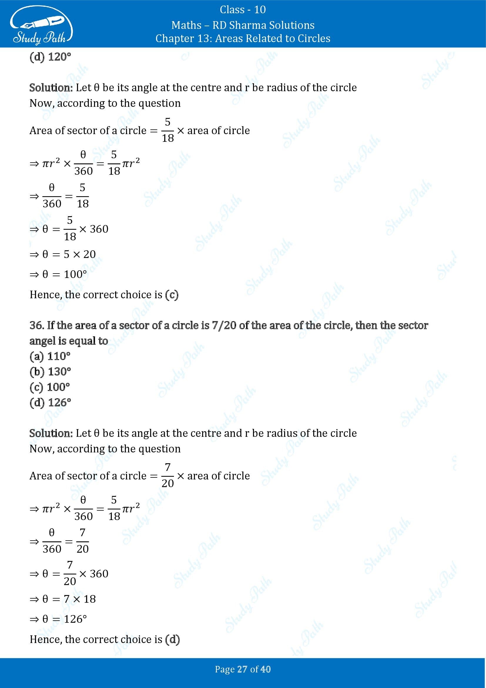 RD Sharma Solutions Class 10 Chapter 13 Areas Related to Circles Multiple Choice Question MCQs 00027