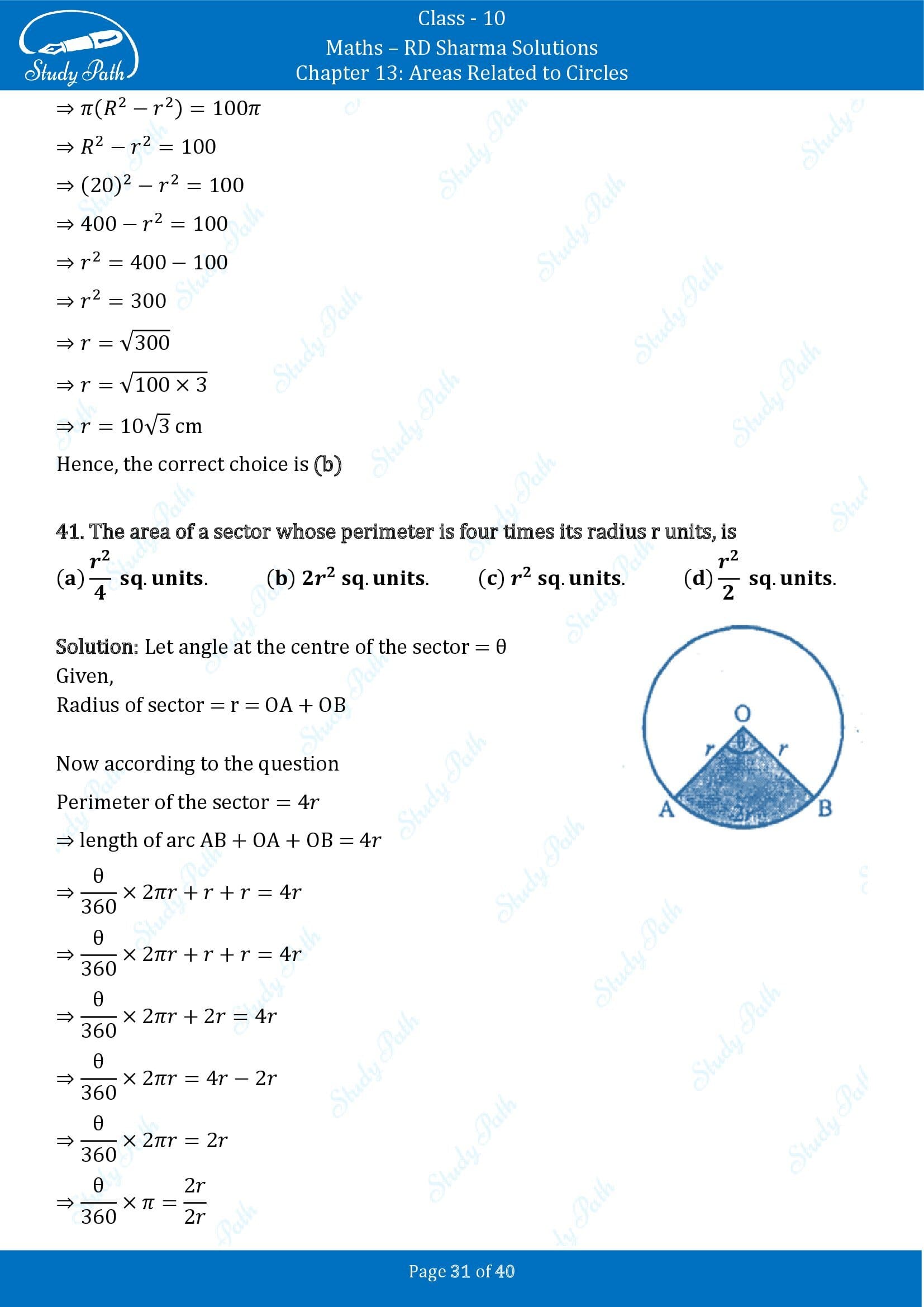 RD Sharma Solutions Class 10 Chapter 13 Areas Related to Circles Multiple Choice Question MCQs 00031