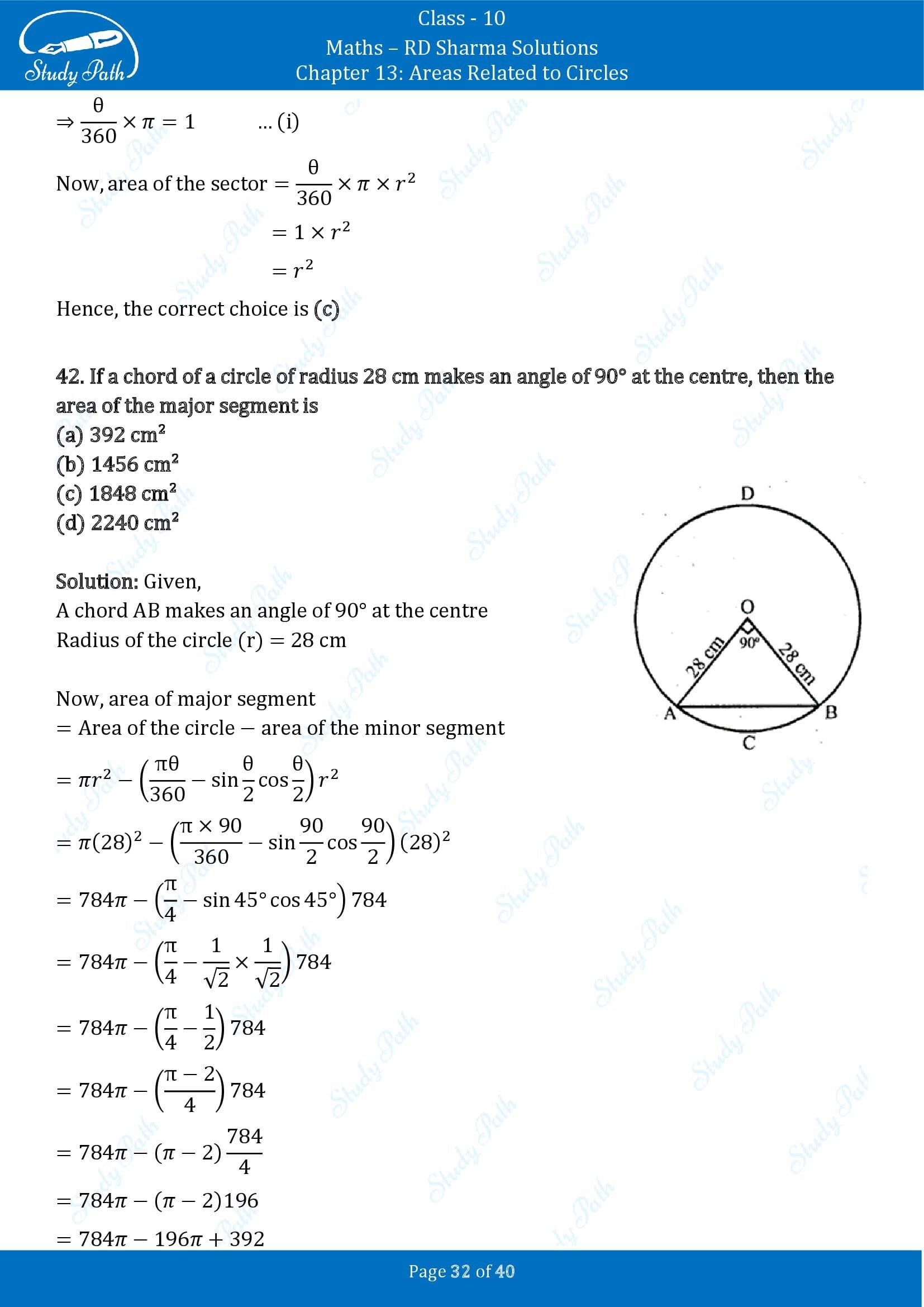 RD Sharma Solutions Class 10 Chapter 13 Areas Related to Circles Multiple Choice Question MCQs 00032
