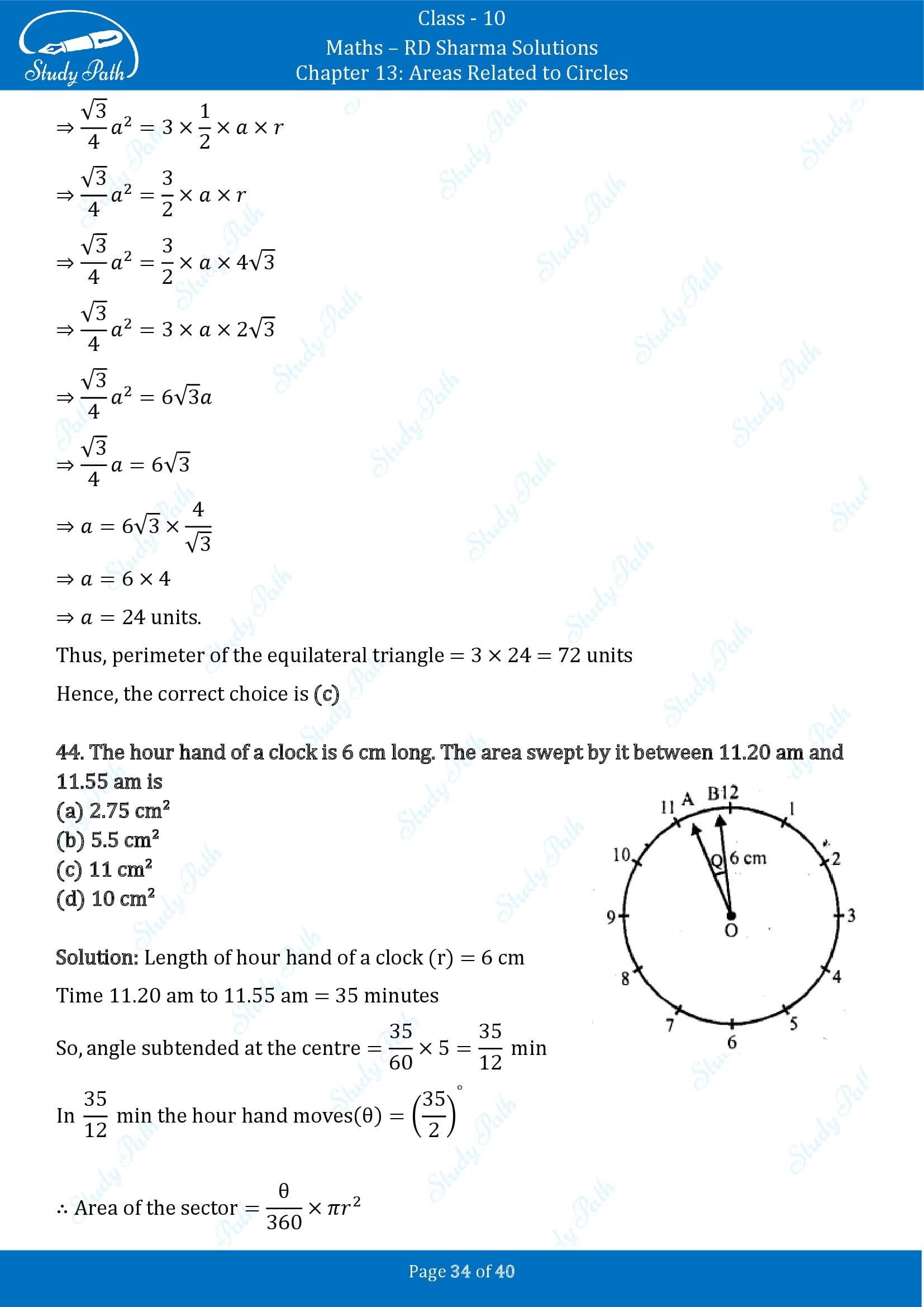 RD Sharma Solutions Class 10 Chapter 13 Areas Related to Circles Multiple Choice Question MCQs 00034