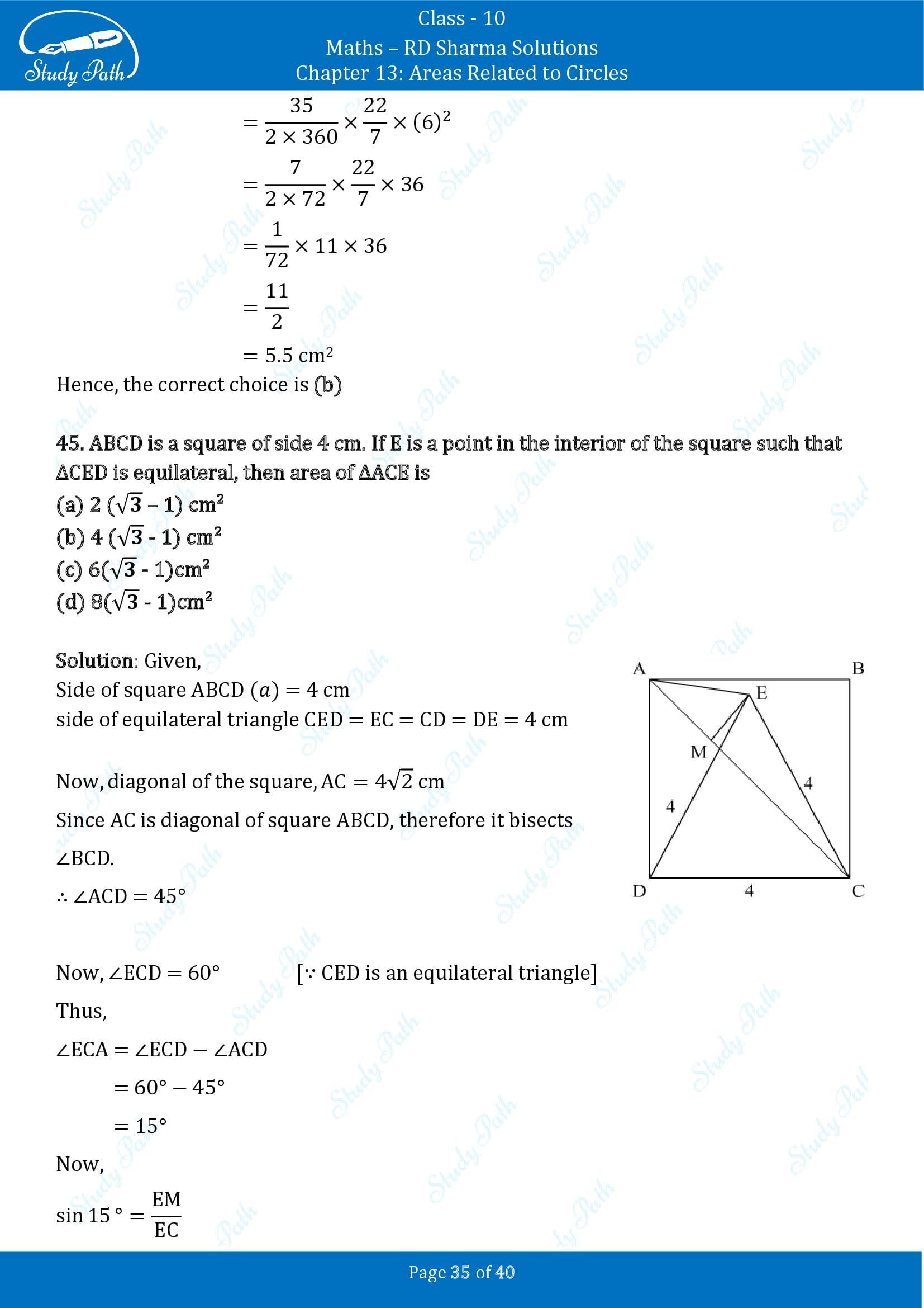 RD Sharma Solutions Class 10 Chapter 13 Areas Related to Circles Multiple Choice Question MCQs 00035