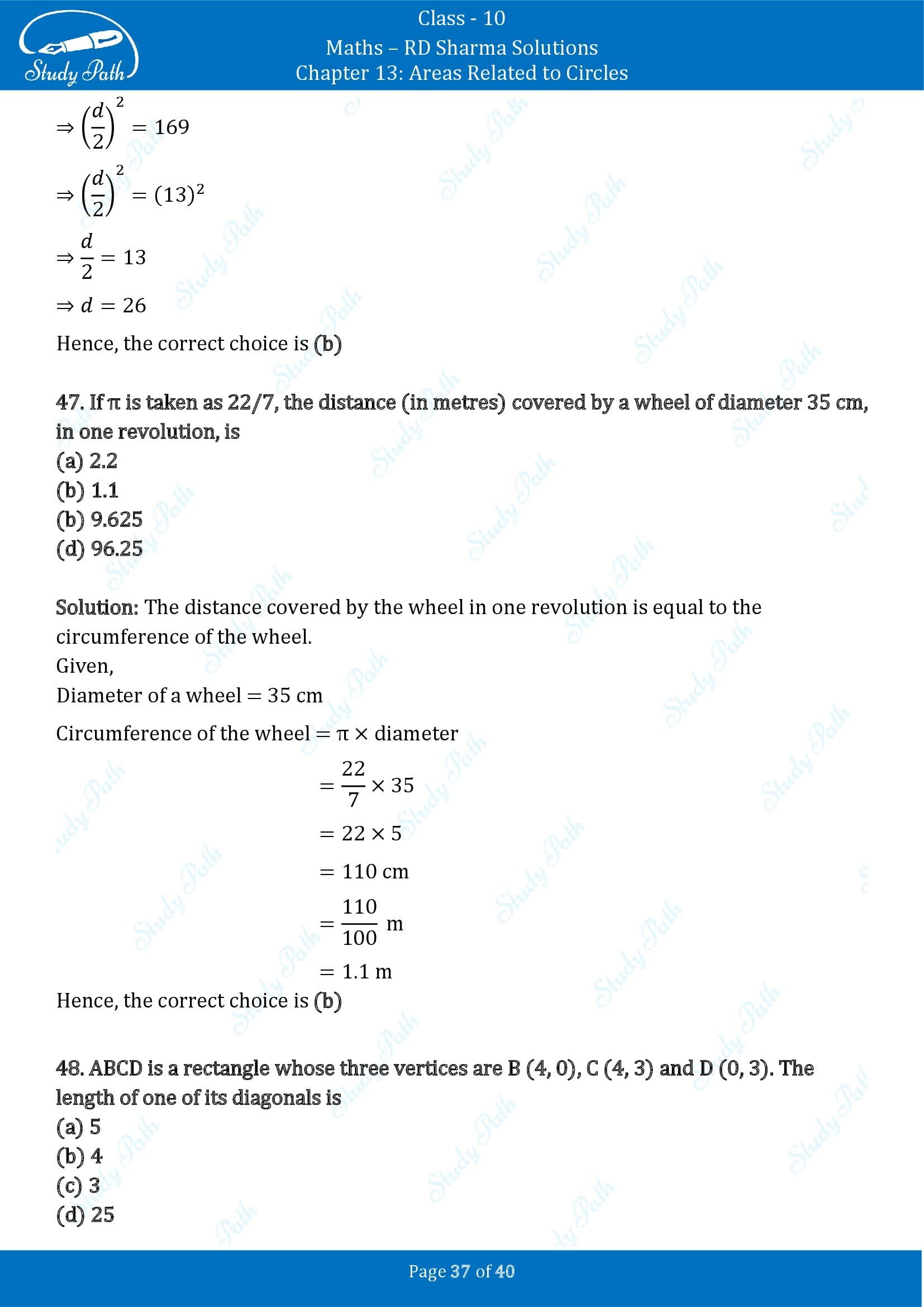 RD Sharma Solutions Class 10 Chapter 13 Areas Related to Circles Multiple Choice Question MCQs 00037