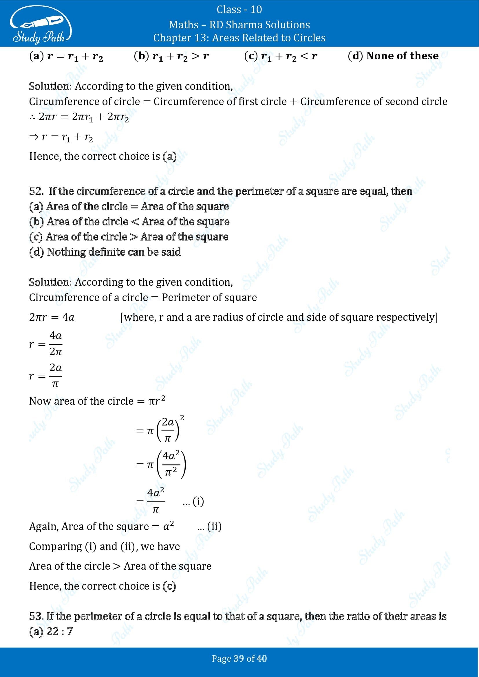 RD Sharma Solutions Class 10 Chapter 13 Areas Related to Circles Multiple Choice Question MCQs 00039
