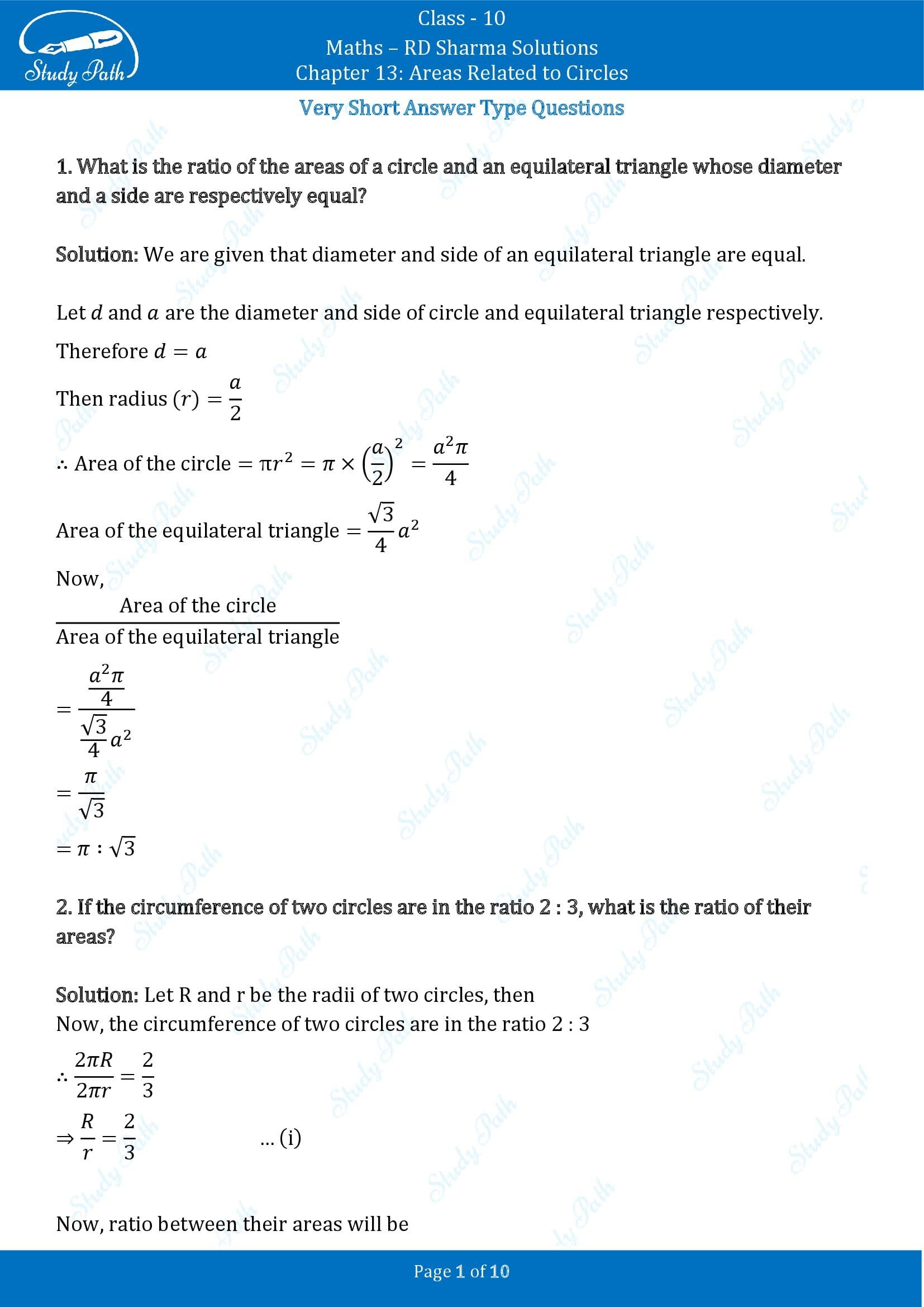 RD Sharma Solutions Class 10 Chapter 13 Areas Related to Circles Very Short Answer Type Questions VSAQs 00001