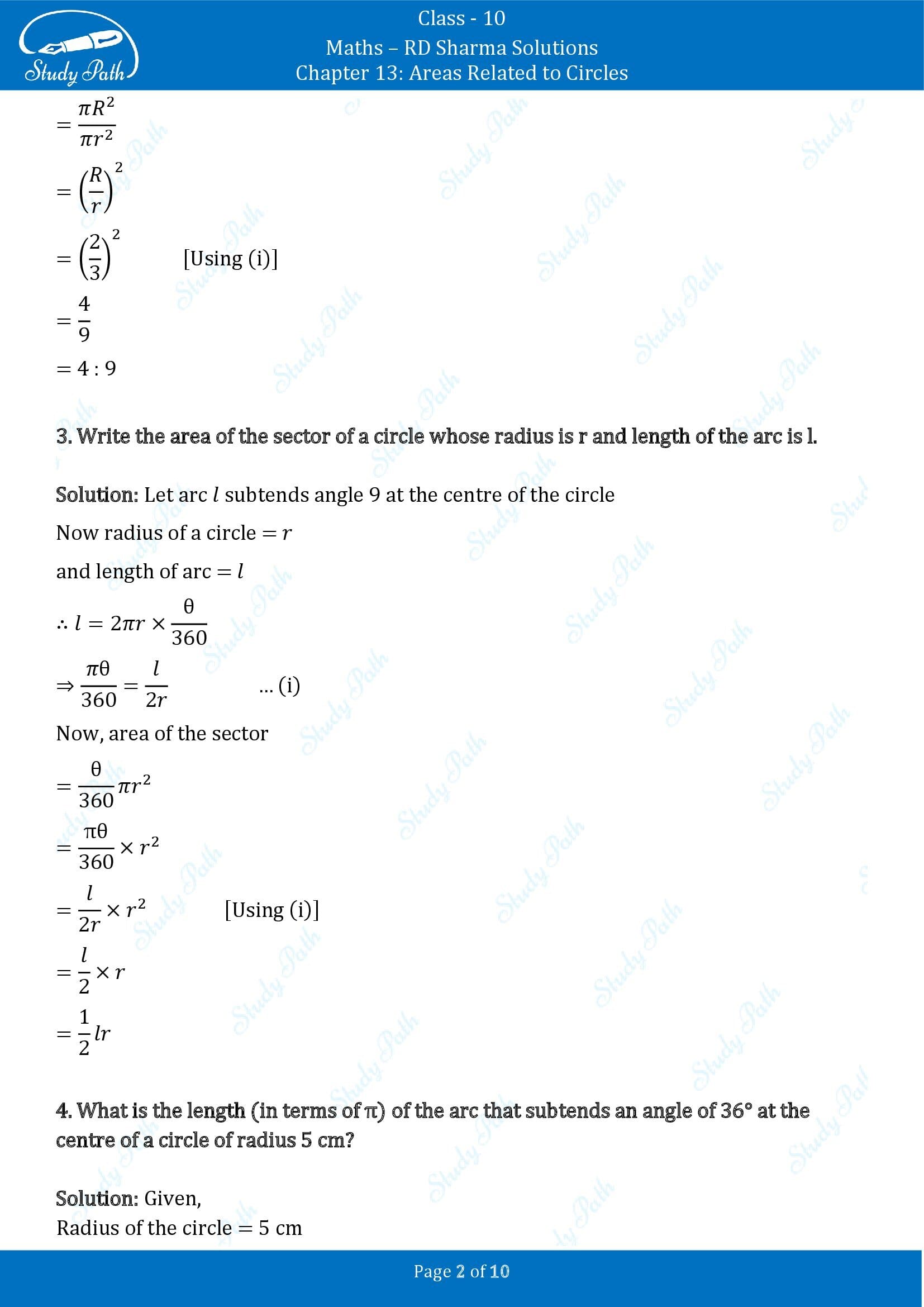 RD Sharma Solutions Class 10 Chapter 13 Areas Related to Circles Very Short Answer Type Questions VSAQs 00002