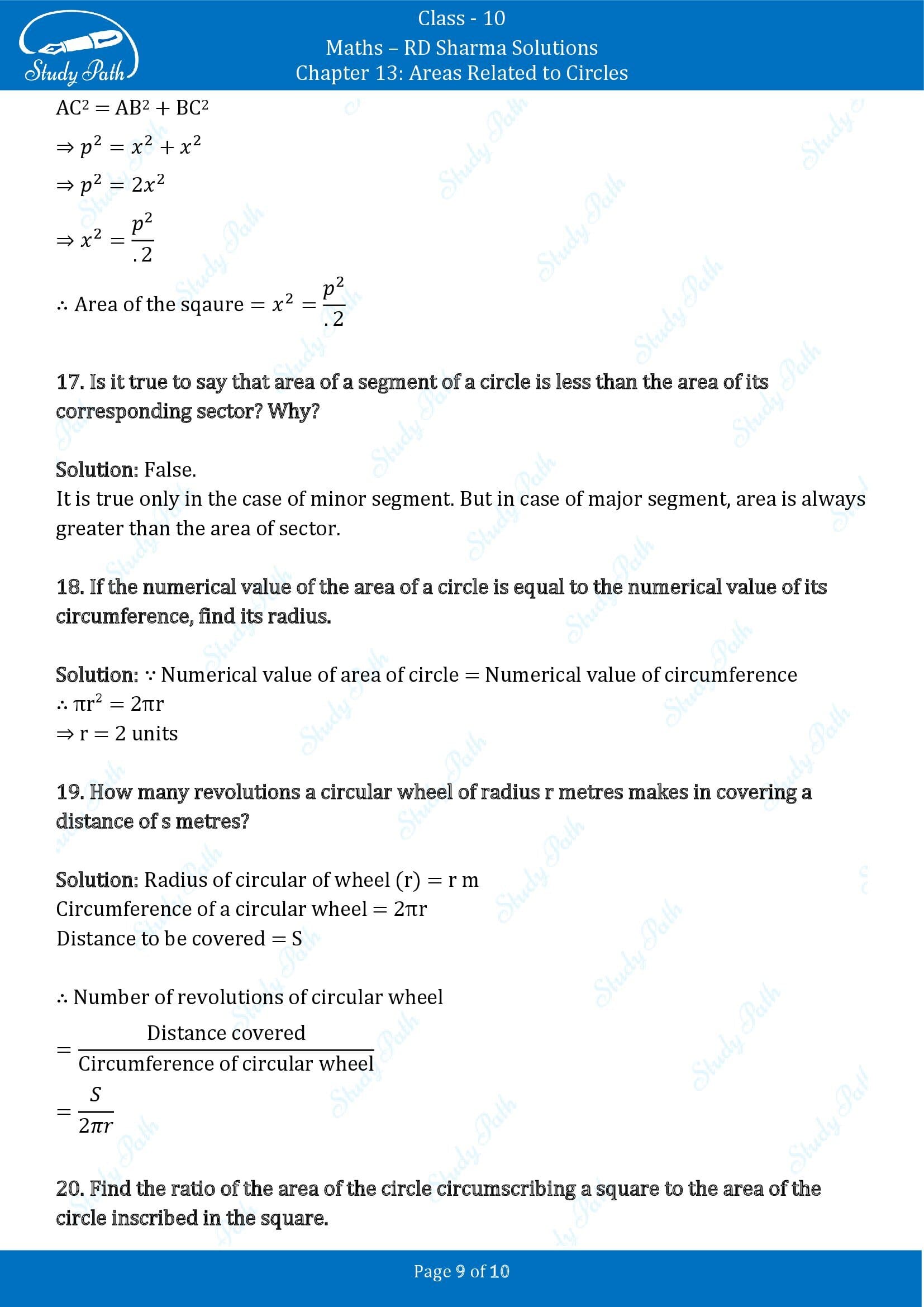 RD Sharma Solutions Class 10 Chapter 13 Areas Related to Circles Very Short Answer Type Questions VSAQs 00009