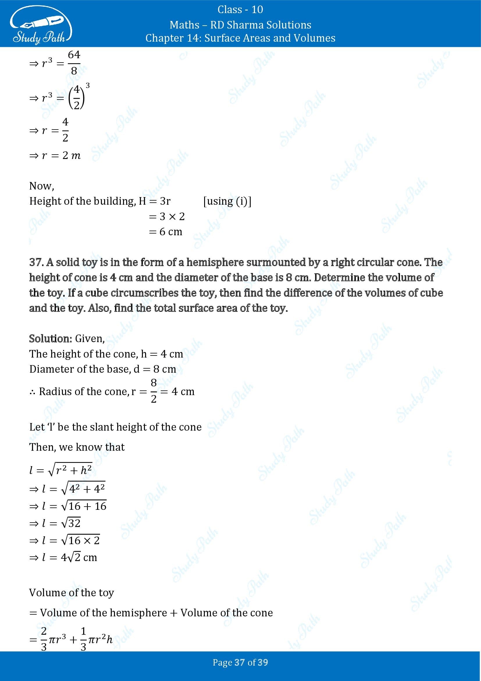 RD Sharma Solutions Class 10 Chapter 14 Surface Areas and Volumes Exercise 14.2 00037