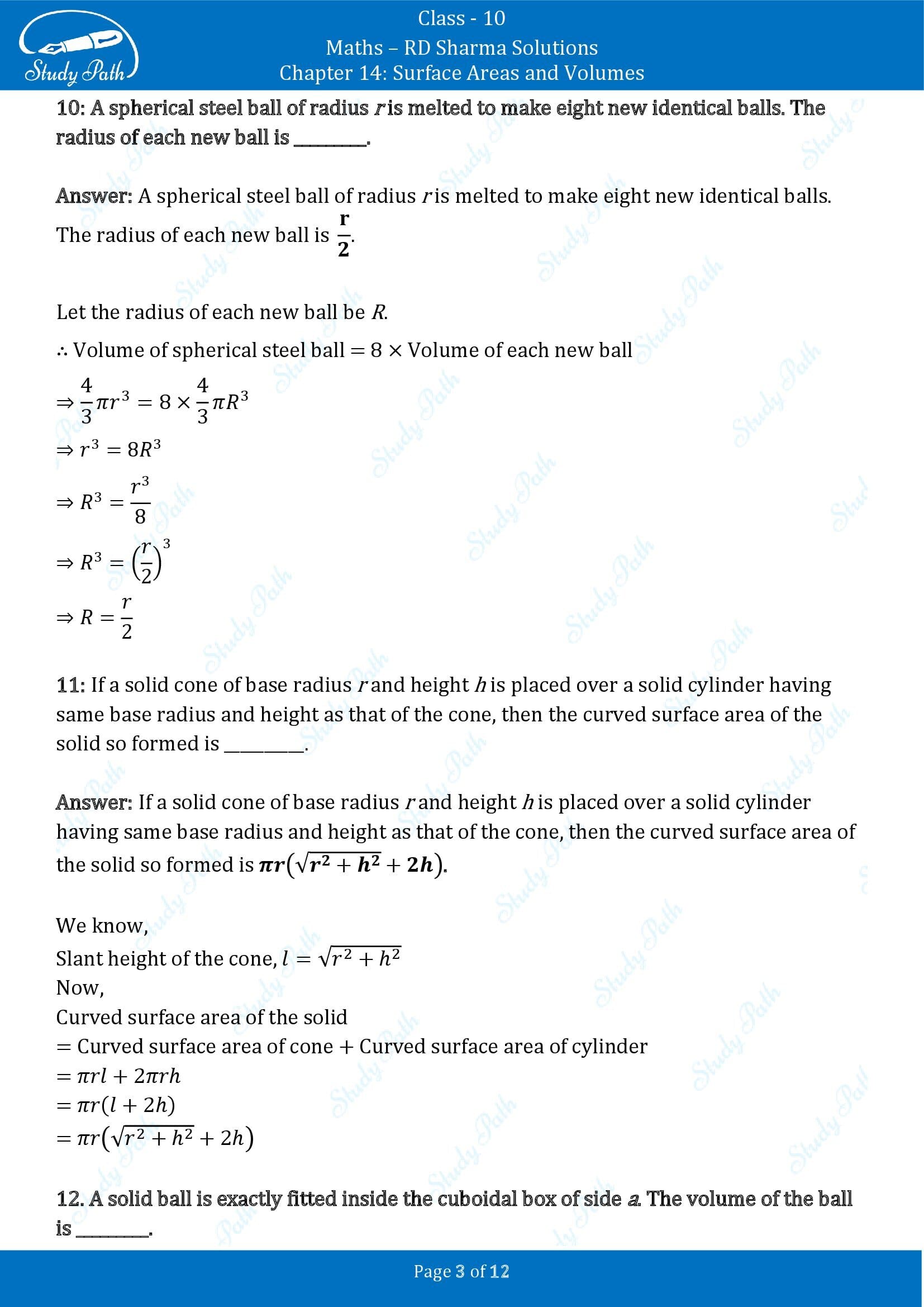 RD Sharma Solutions Class 10 Chapter 14 Surface Areas and Volumes Fill in the Blank Type Questions FBQs 00003