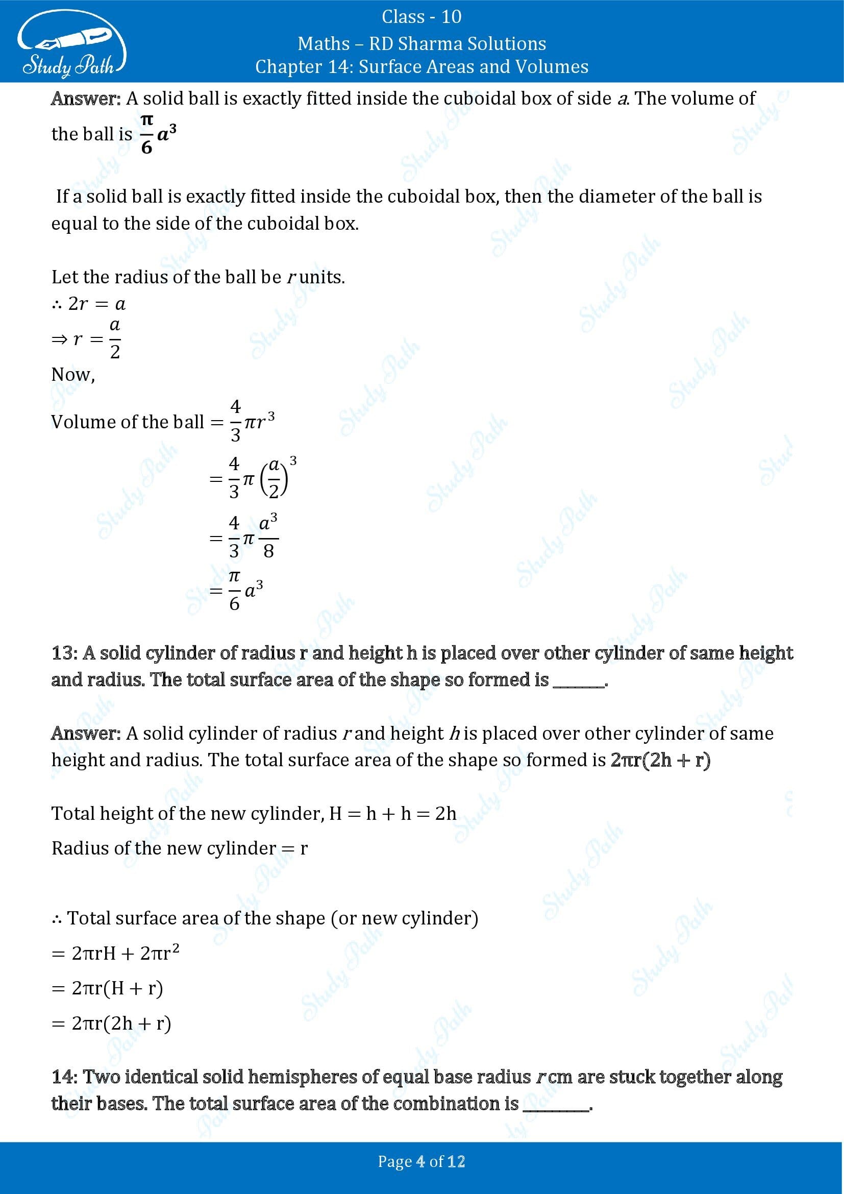 RD Sharma Solutions Class 10 Chapter 14 Surface Areas and Volumes Fill in the Blank Type Questions FBQs 00004
