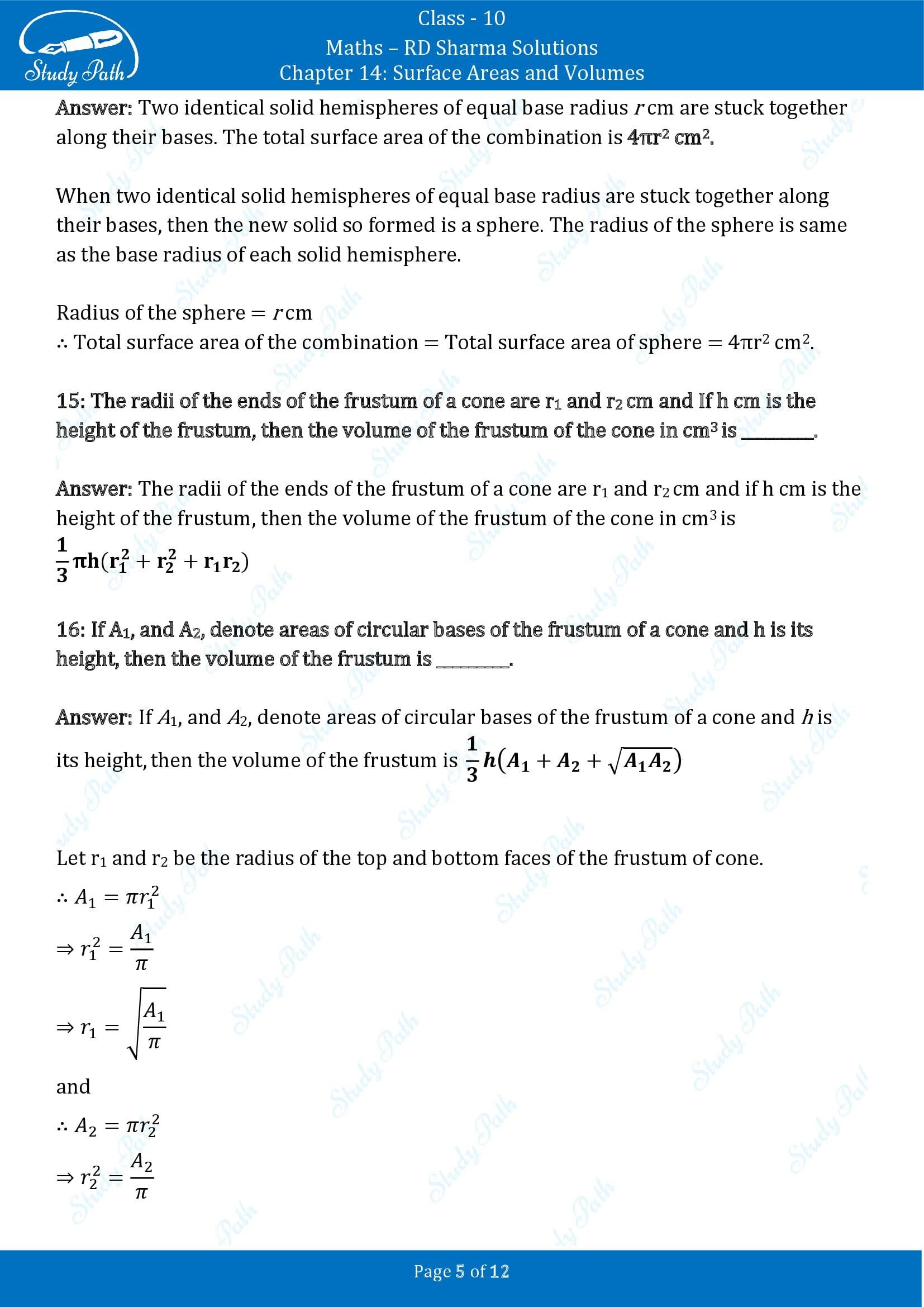 RD Sharma Solutions Class 10 Chapter 14 Surface Areas and Volumes Fill in the Blank Type Questions FBQs 00005