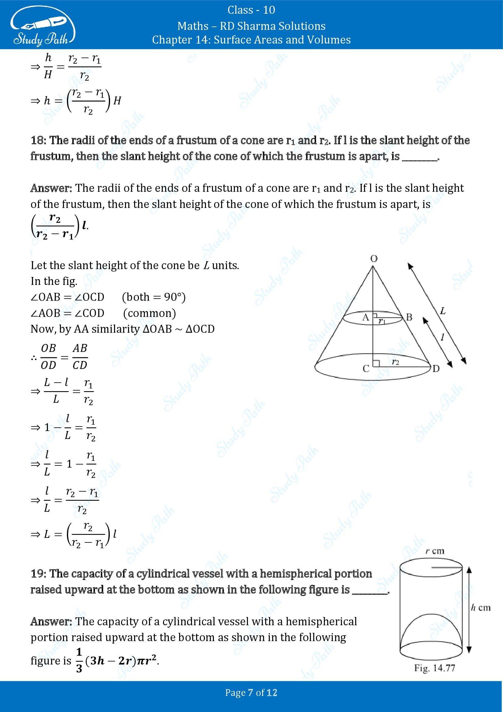 RD Sharma Solutions Class 10 Chapter 14 Surface Areas and Volumes Fill in the Blank Type Questions FBQs 00007