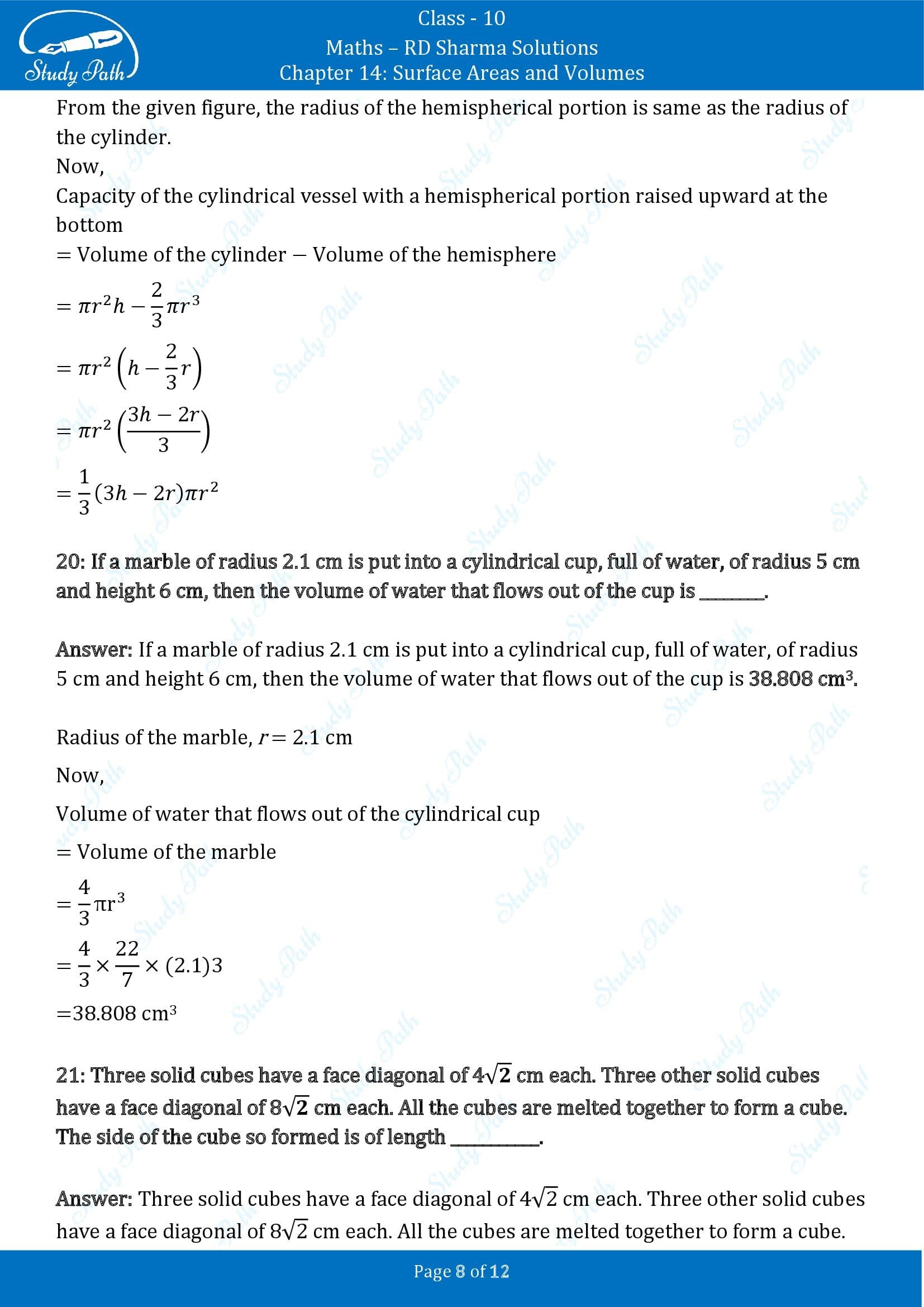 RD Sharma Solutions Class 10 Chapter 14 Surface Areas and Volumes Fill in the Blank Type Questions FBQs 00008
