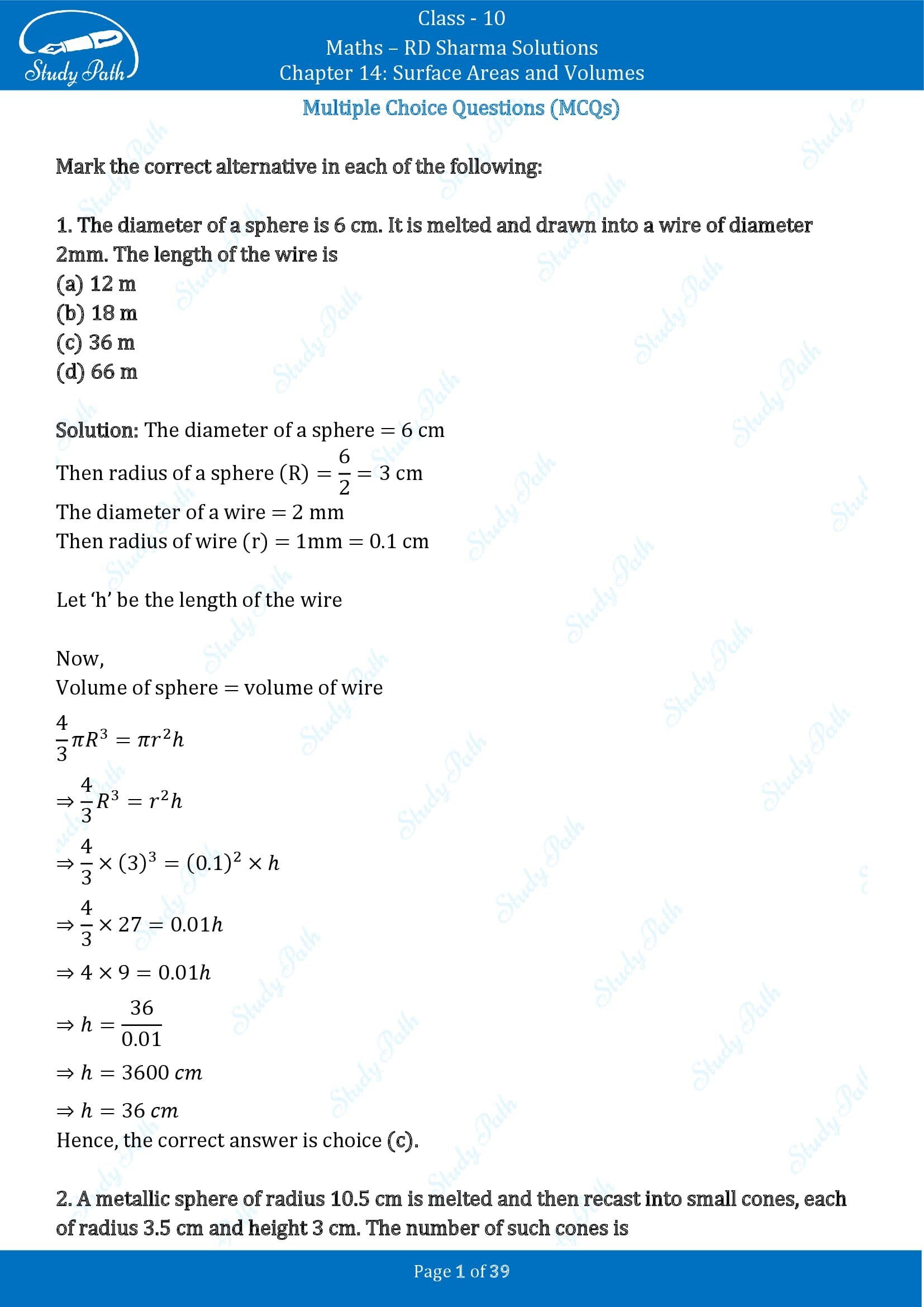 RD Sharma Solutions Class 10 Chapter 14 Surface Areas and Volumes Multiple Choice Question MCQs 00001