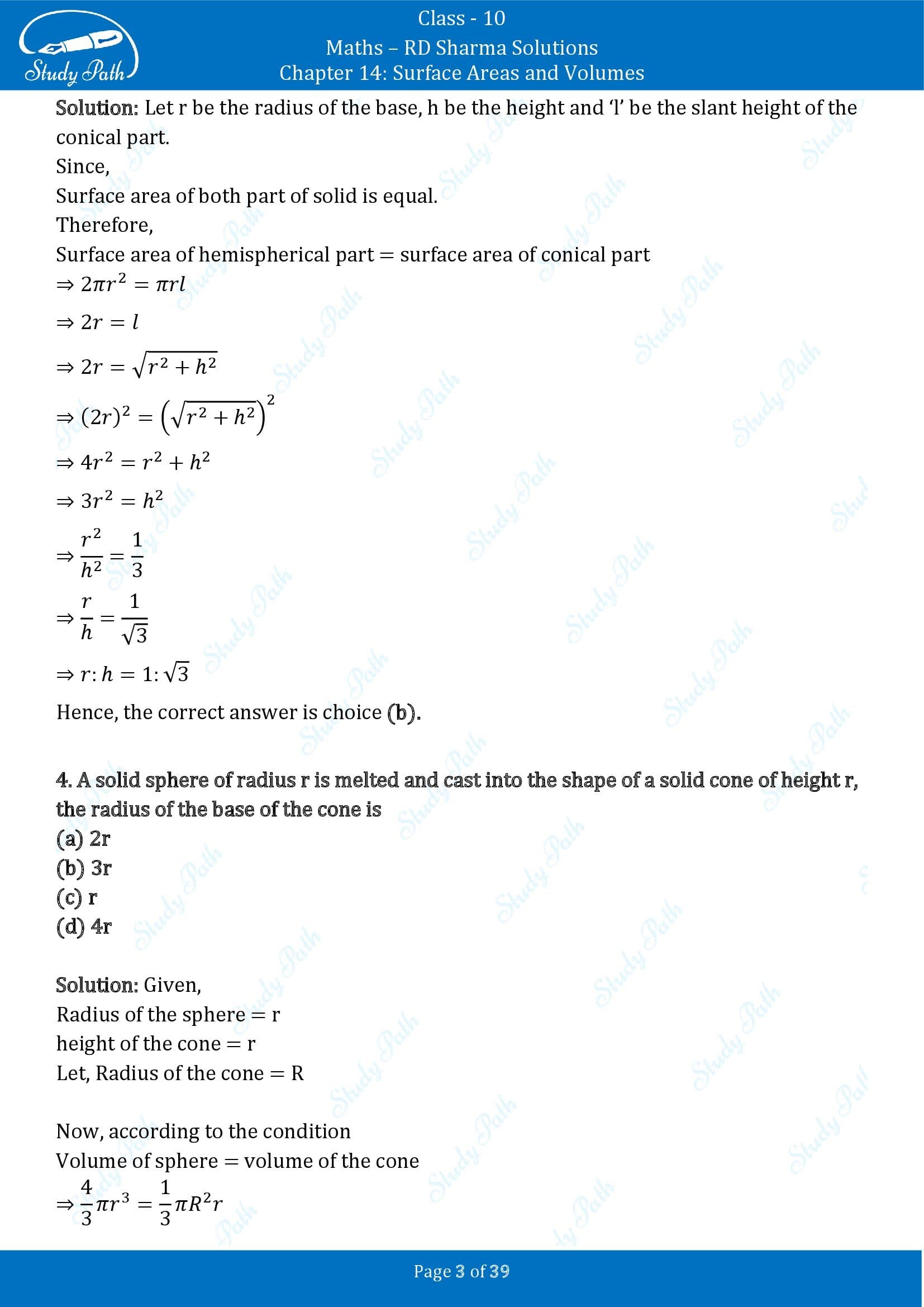 RD Sharma Solutions Class 10 Chapter 14 Surface Areas and Volumes Multiple Choice Question MCQs 00003