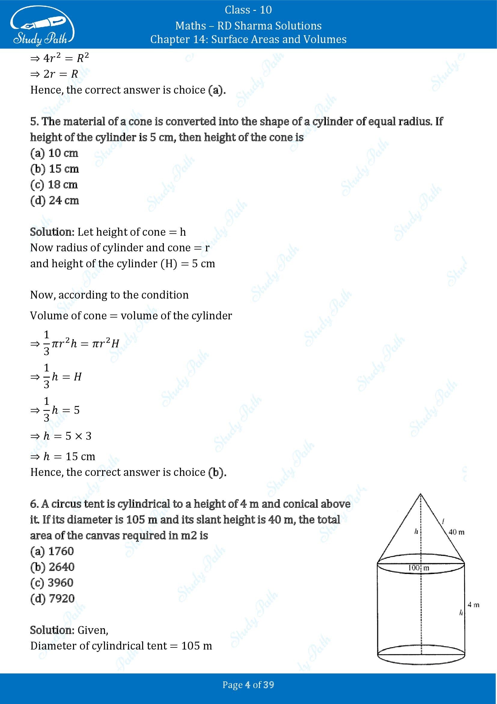 RD Sharma Solutions Class 10 Chapter 14 Surface Areas and Volumes Multiple Choice Question MCQs 00004