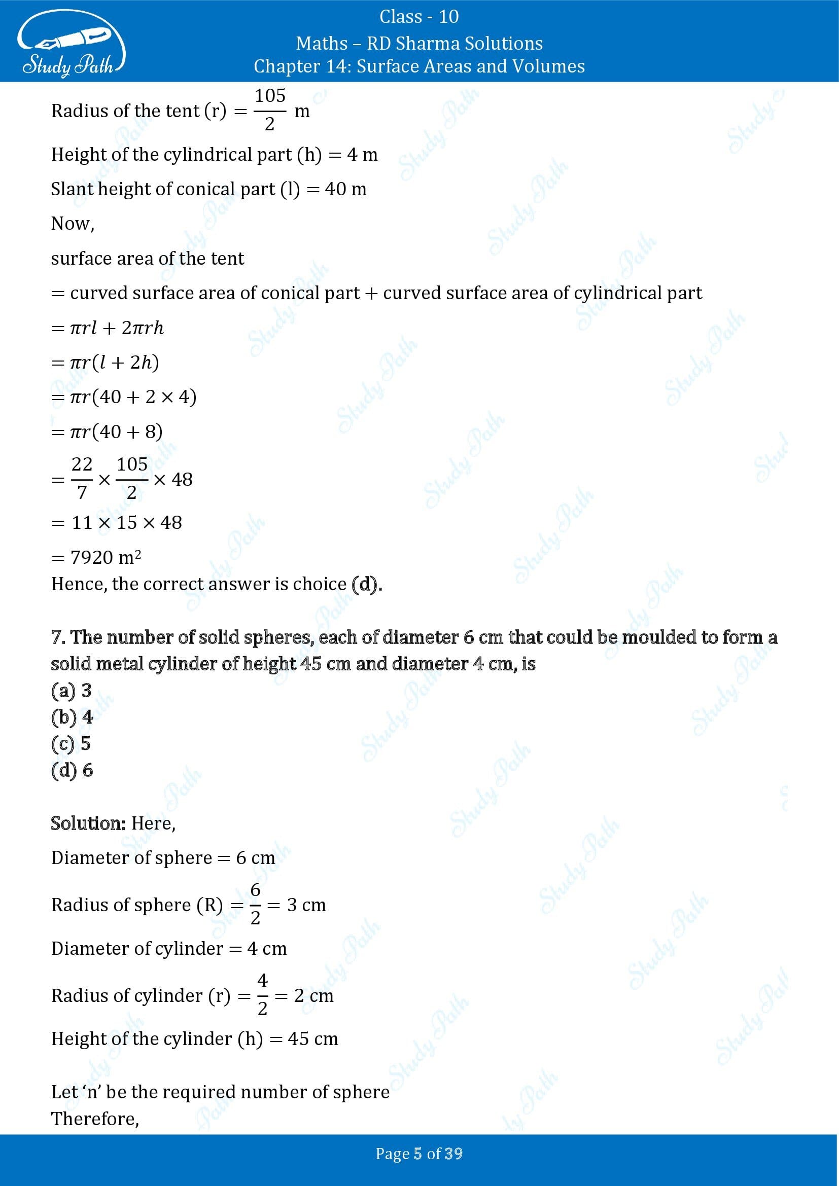 RD Sharma Solutions Class 10 Chapter 14 Surface Areas and Volumes Multiple Choice Question MCQs 00005