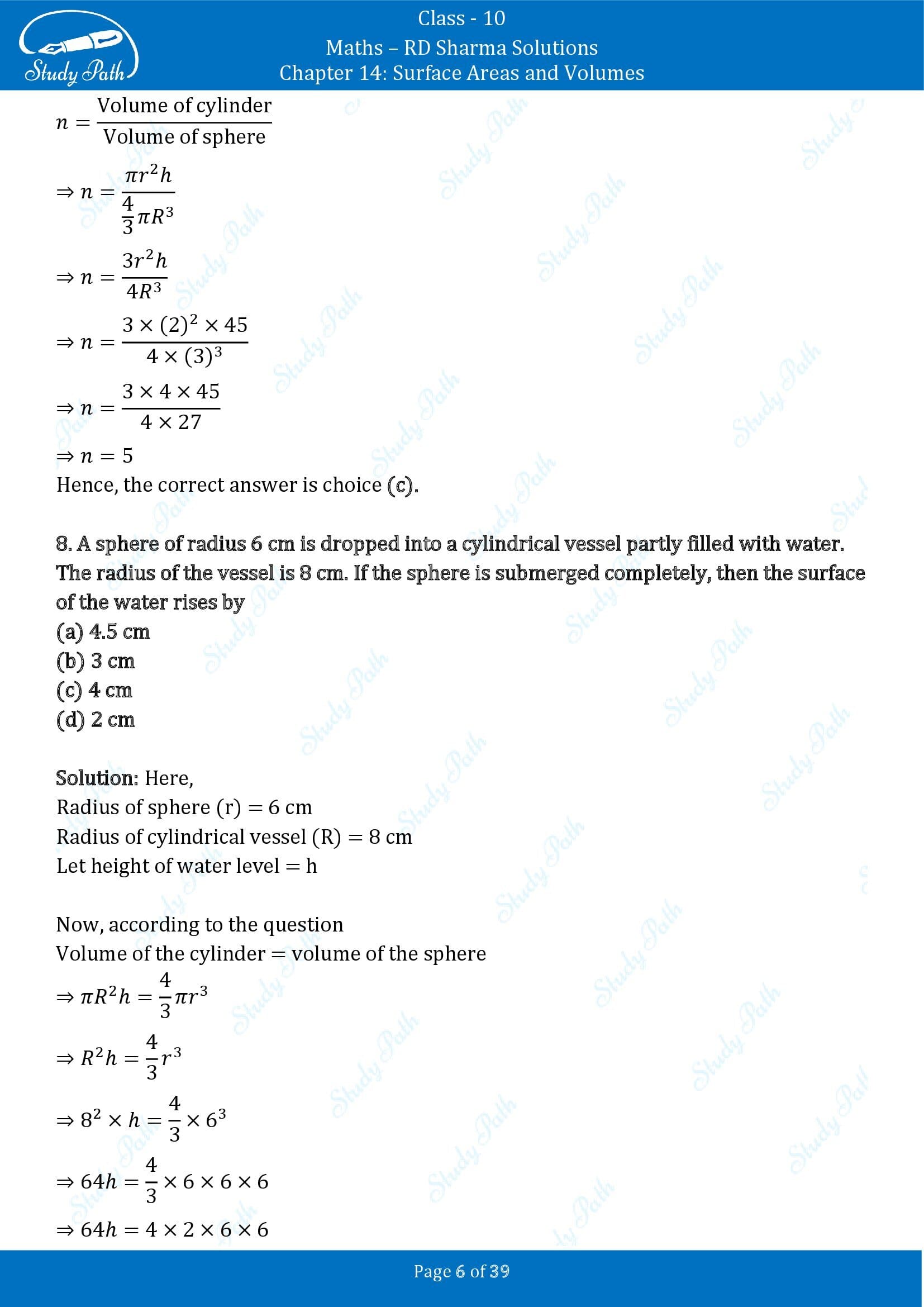 RD Sharma Solutions Class 10 Chapter 14 Surface Areas and Volumes Multiple Choice Question MCQs 00006