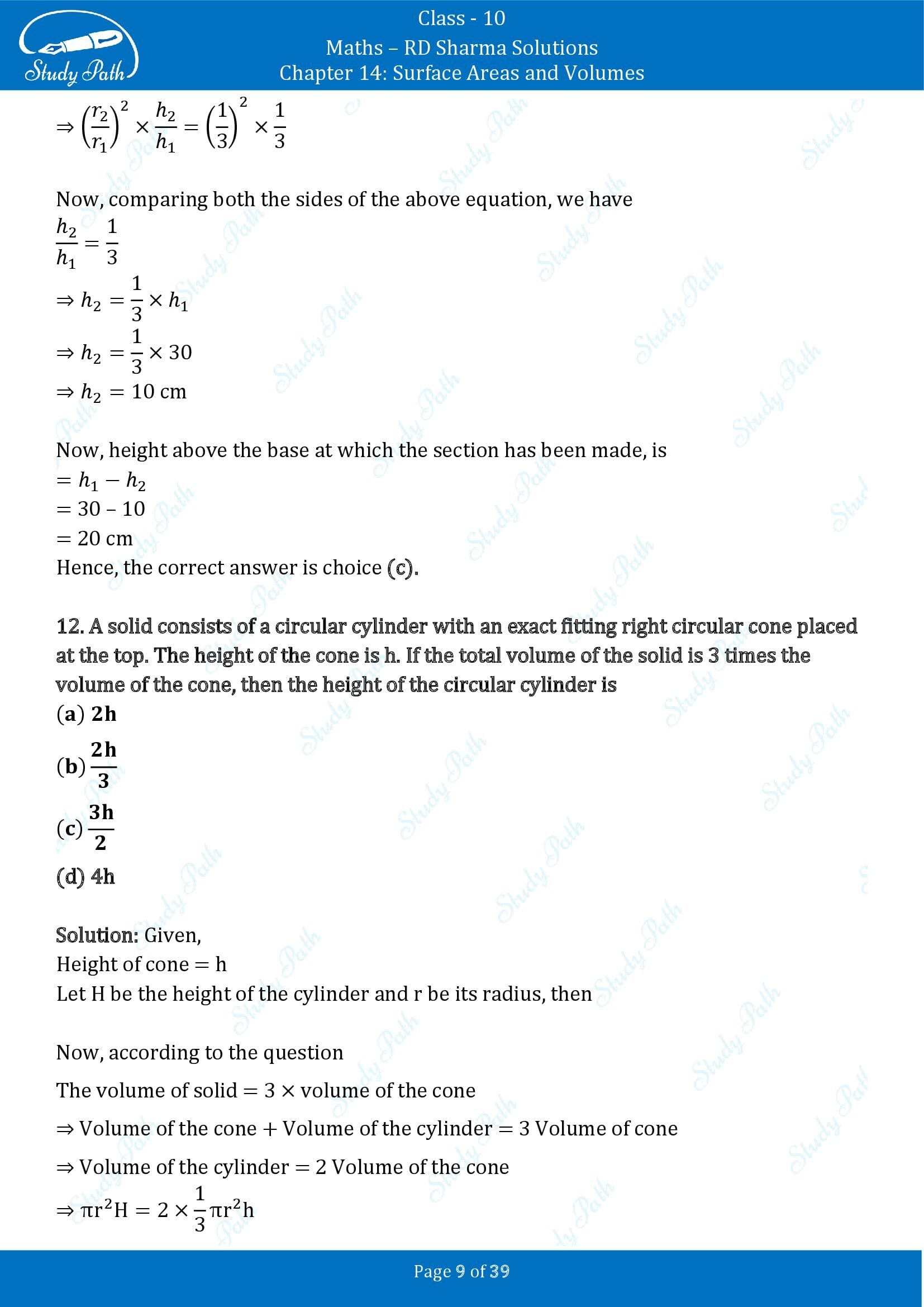 RD Sharma Solutions Class 10 Chapter 14 Surface Areas and Volumes Multiple Choice Question MCQs 00009
