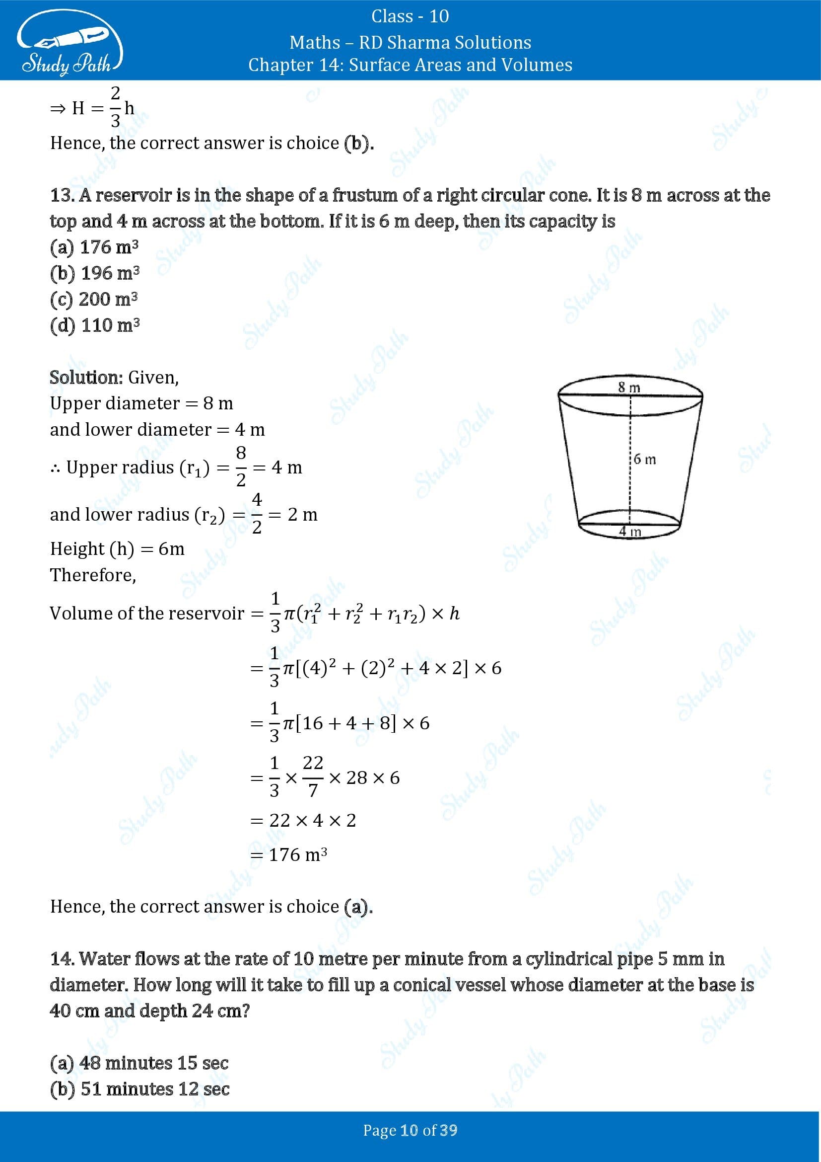 RD Sharma Solutions Class 10 Chapter 14 Surface Areas and Volumes Multiple Choice Question MCQs 00010