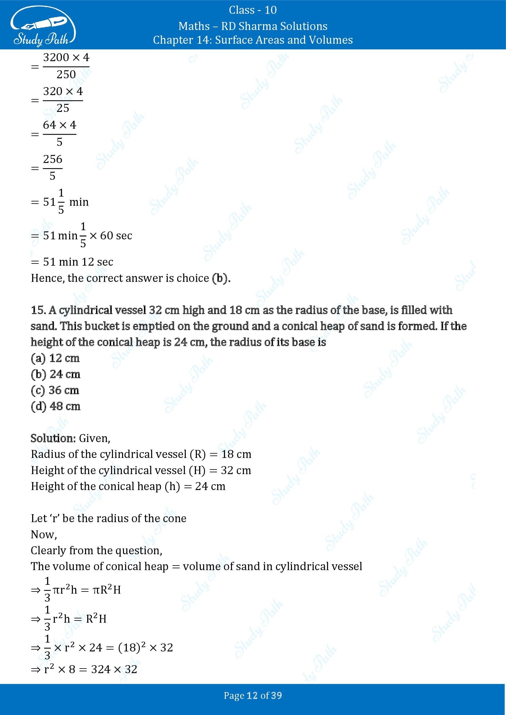 RD Sharma Solutions Class 10 Chapter 14 Surface Areas and Volumes Multiple Choice Question MCQs 00012