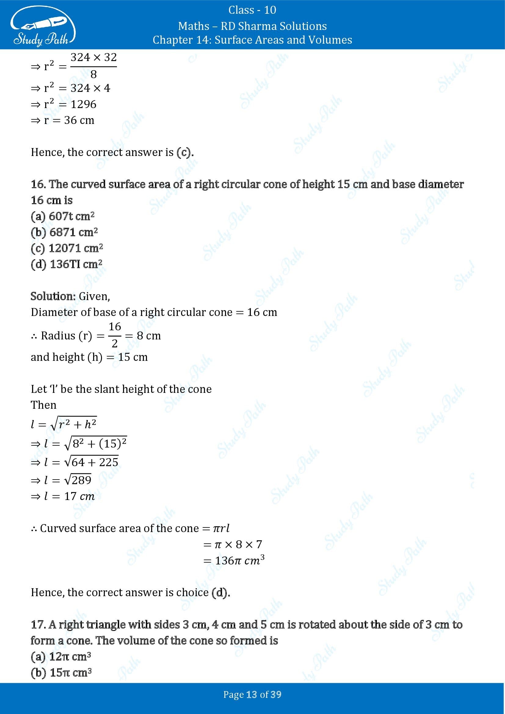 RD Sharma Solutions Class 10 Chapter 14 Surface Areas and Volumes Multiple Choice Question MCQs 00013