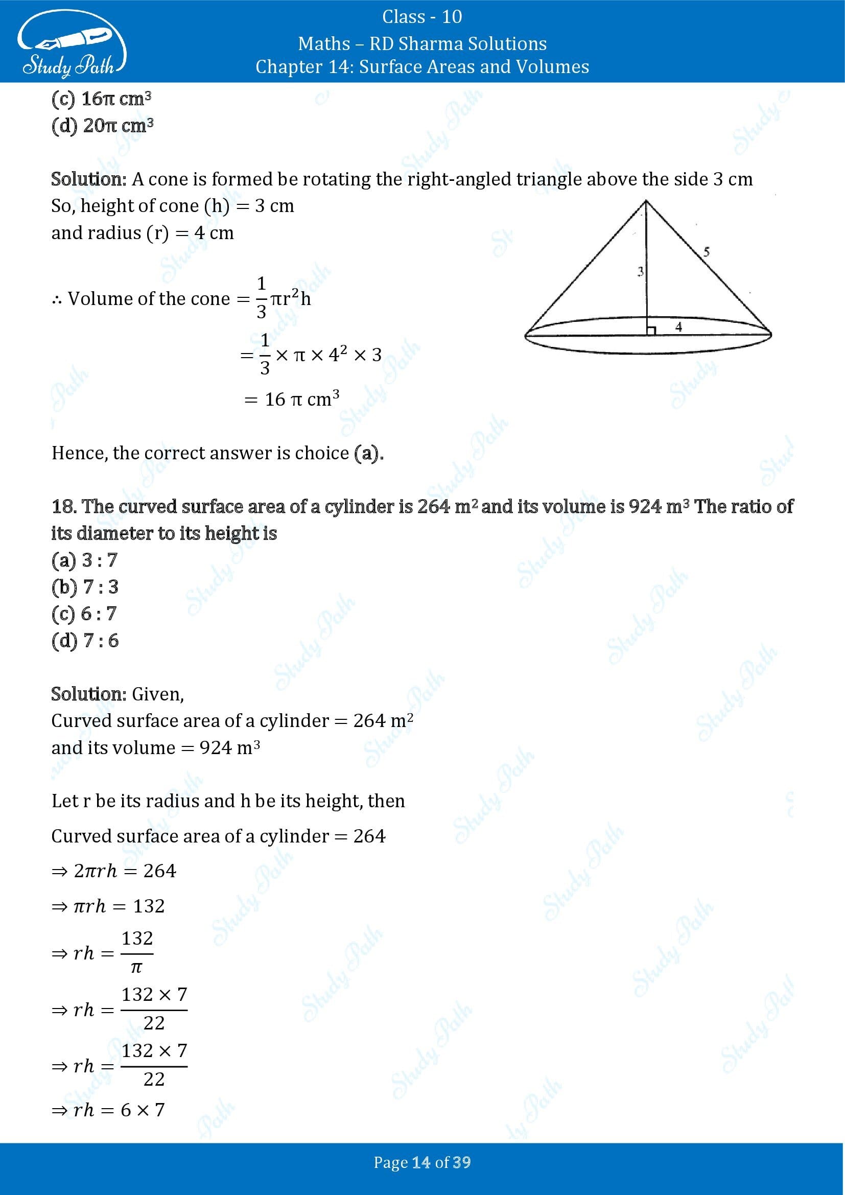 RD Sharma Solutions Class 10 Chapter 14 Surface Areas and Volumes Multiple Choice Question MCQs 00014