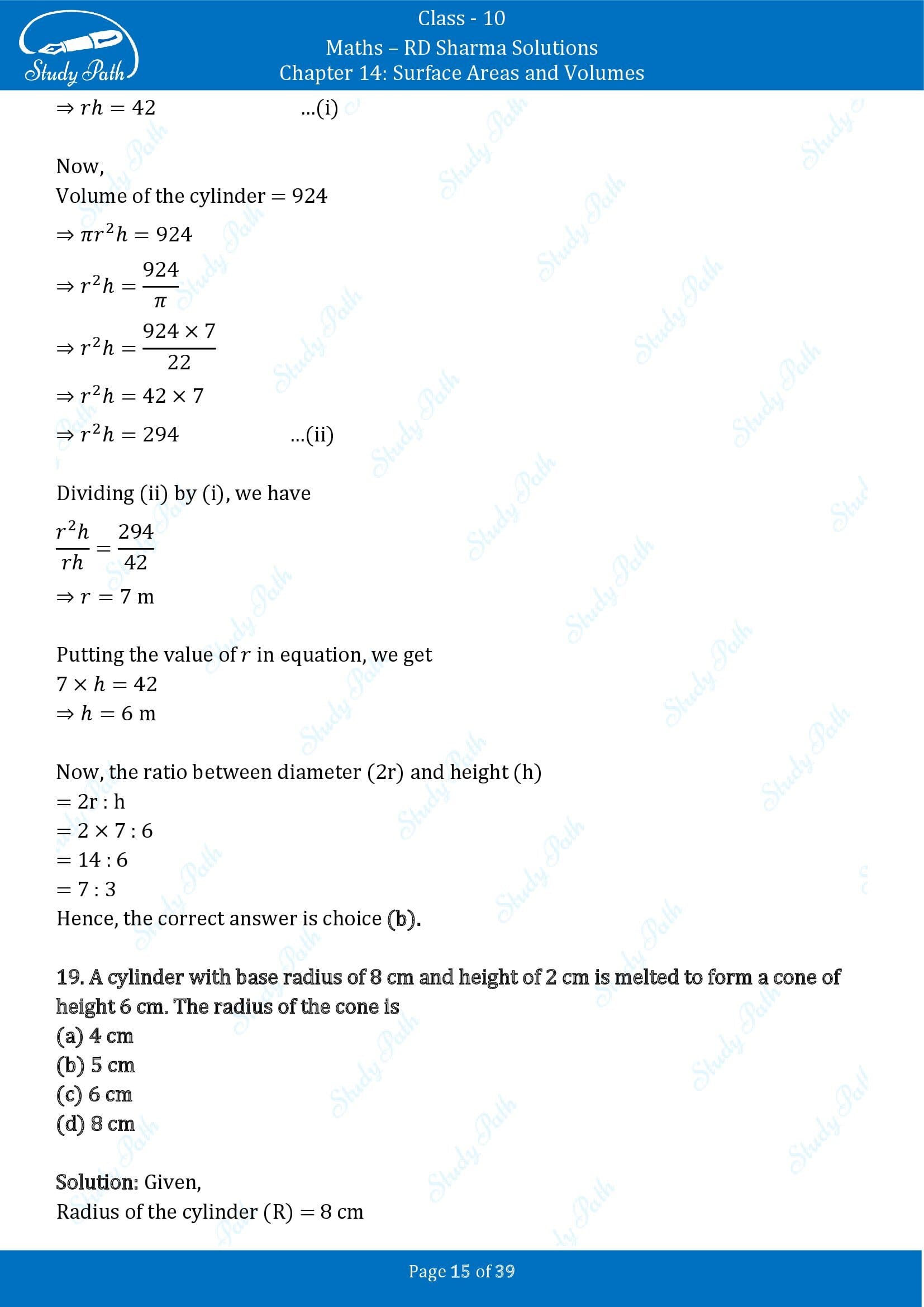 RD Sharma Solutions Class 10 Chapter 14 Surface Areas and Volumes Multiple Choice Question MCQs 00015
