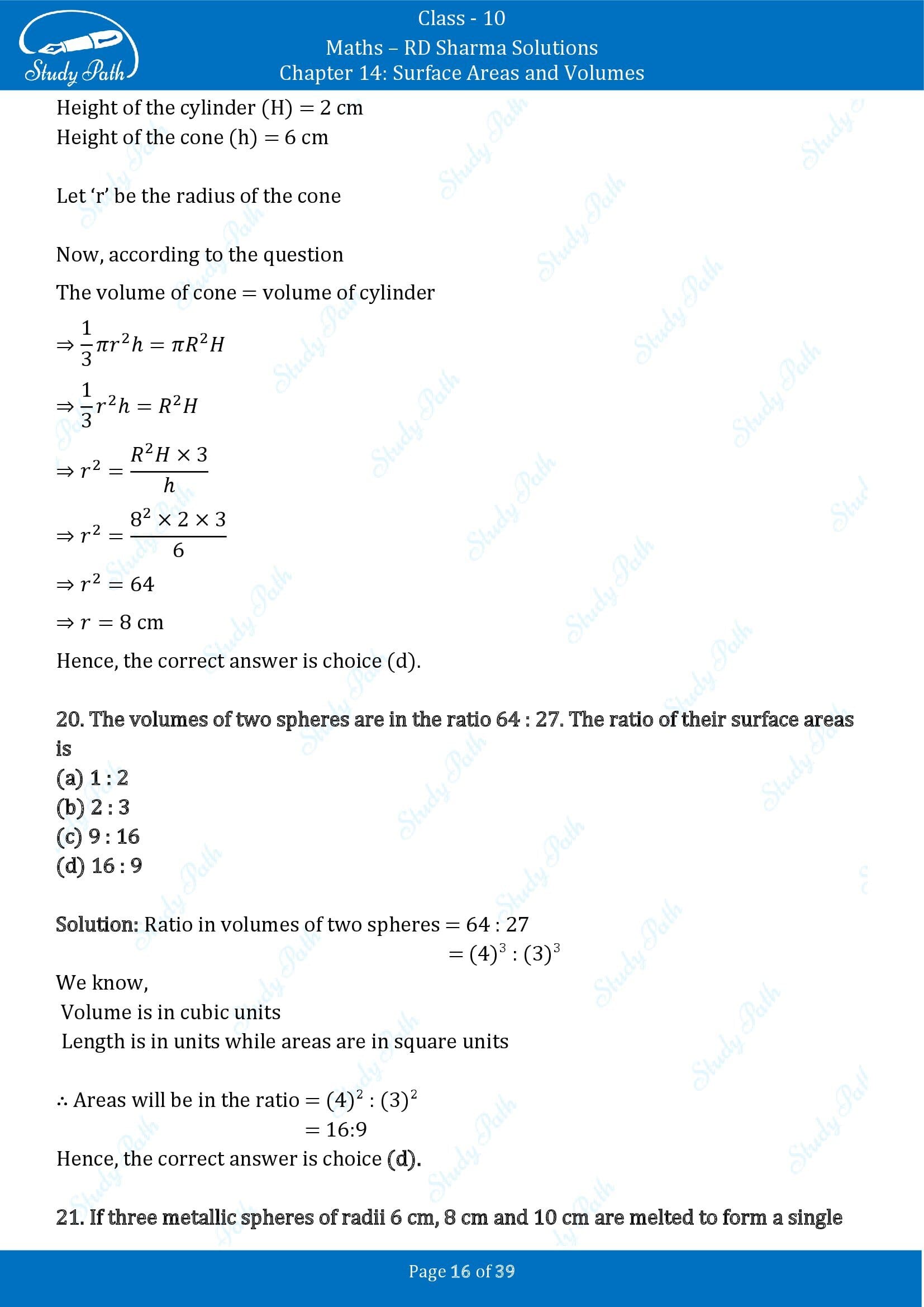 RD Sharma Solutions Class 10 Chapter 14 Surface Areas and Volumes Multiple Choice Question MCQs 00016