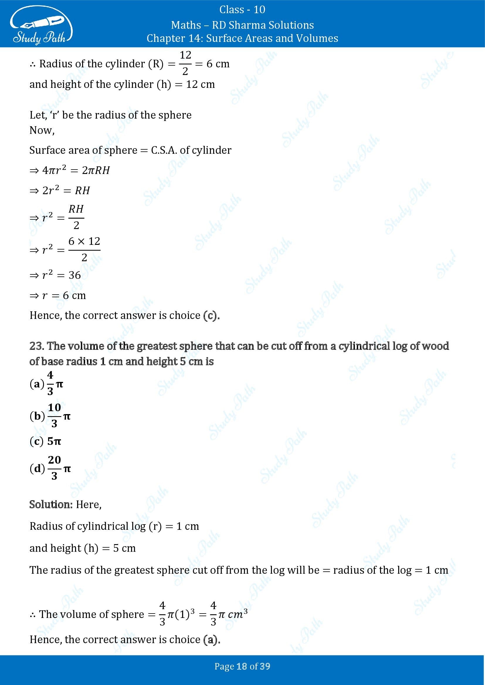 RD Sharma Solutions Class 10 Chapter 14 Surface Areas and Volumes Multiple Choice Question MCQs 00018
