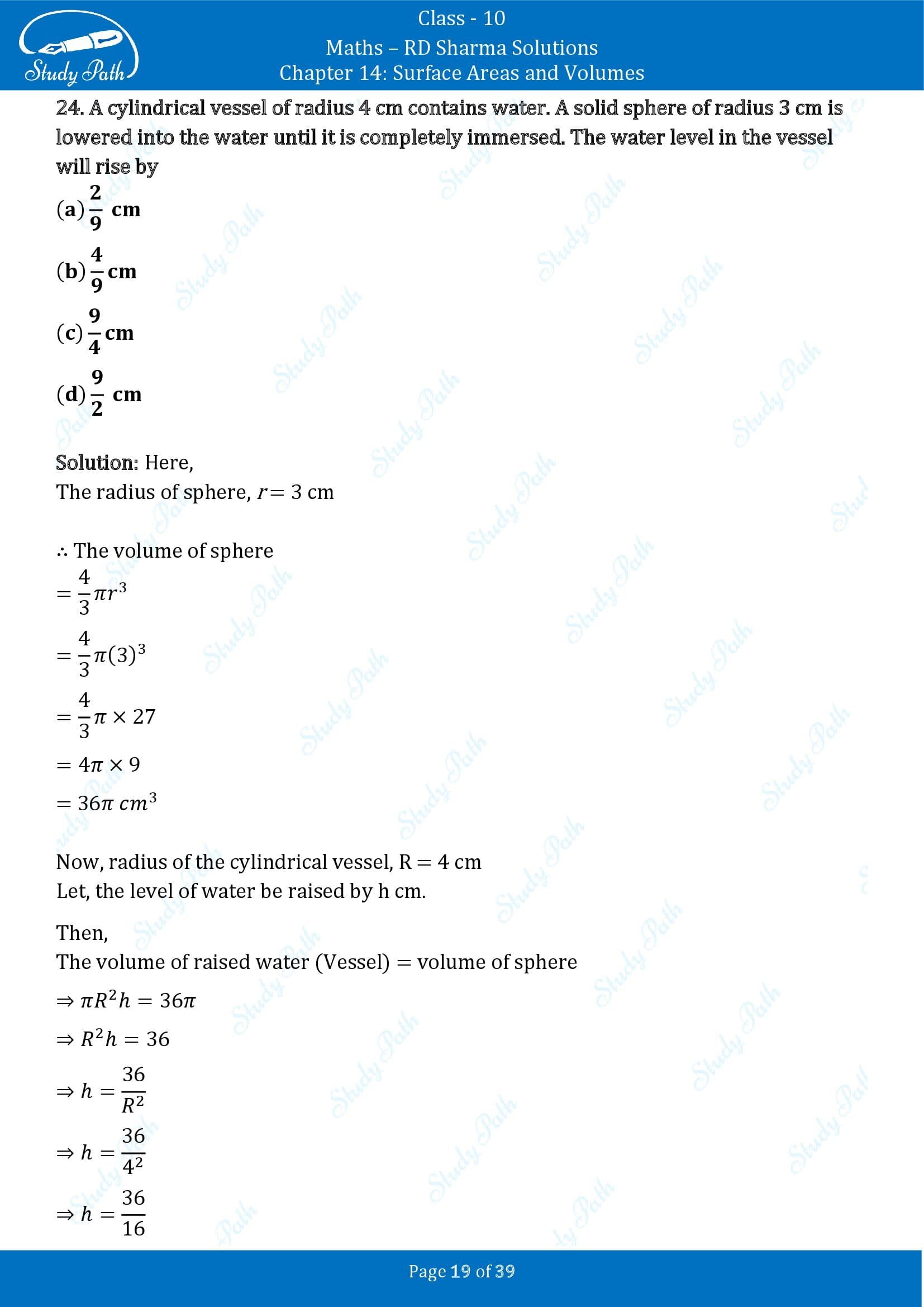 RD Sharma Solutions Class 10 Chapter 14 Surface Areas and Volumes Multiple Choice Question MCQs 00019