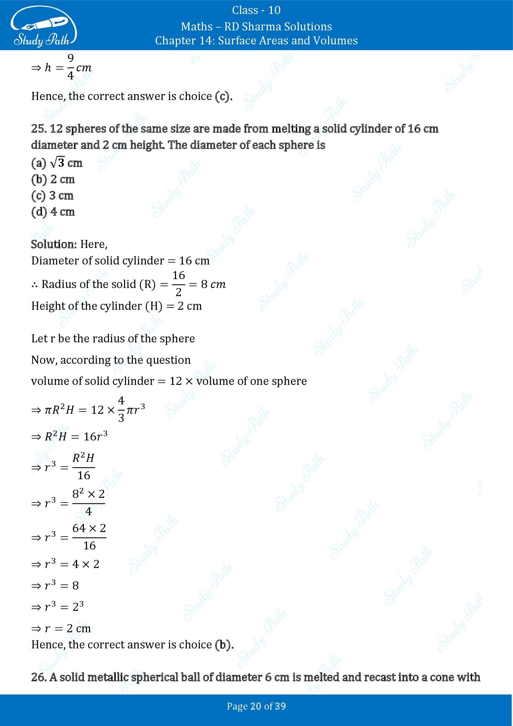 RD Sharma Solutions Class 10 Chapter 14 Surface Areas and Volumes Multiple Choice Question MCQs 00020