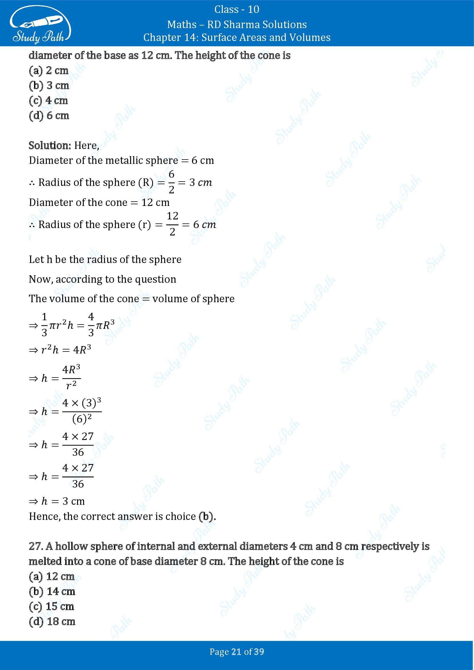 RD Sharma Solutions Class 10 Chapter 14 Surface Areas and Volumes Multiple Choice Question MCQs 00021