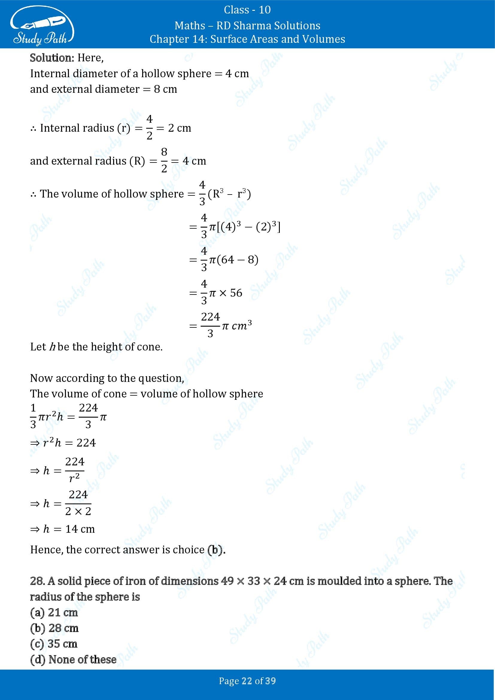 RD Sharma Solutions Class 10 Chapter 14 Surface Areas and Volumes Multiple Choice Question MCQs 00022