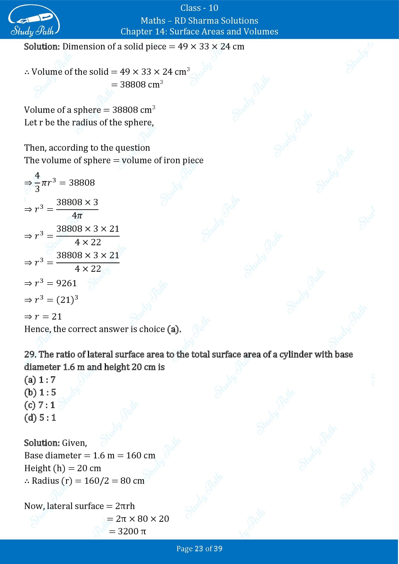 RD Sharma Solutions Class 10 Chapter 14 Surface Areas and Volumes Multiple Choice Question MCQs 00023