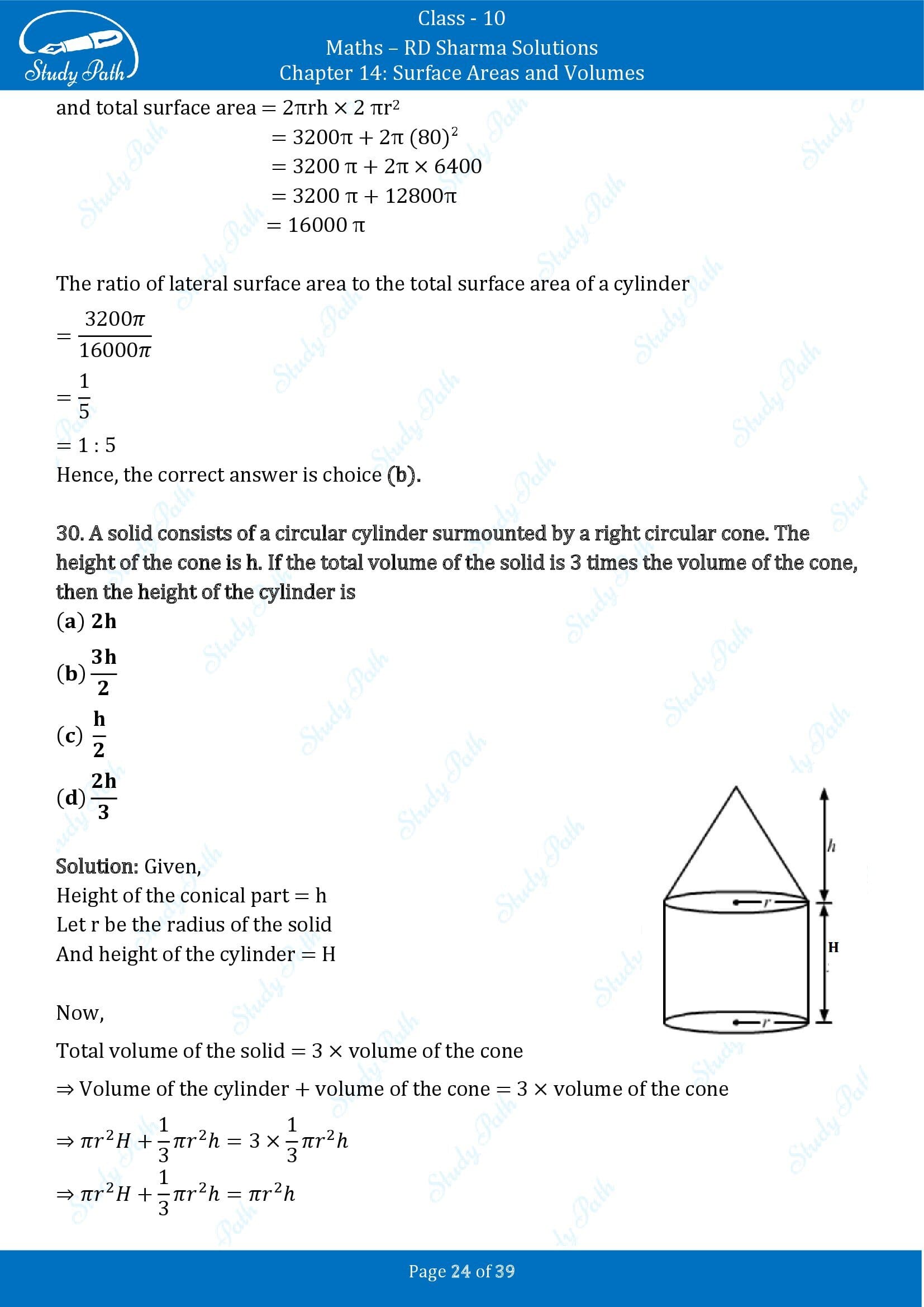 RD Sharma Solutions Class 10 Chapter 14 Surface Areas and Volumes Multiple Choice Question MCQs 00024