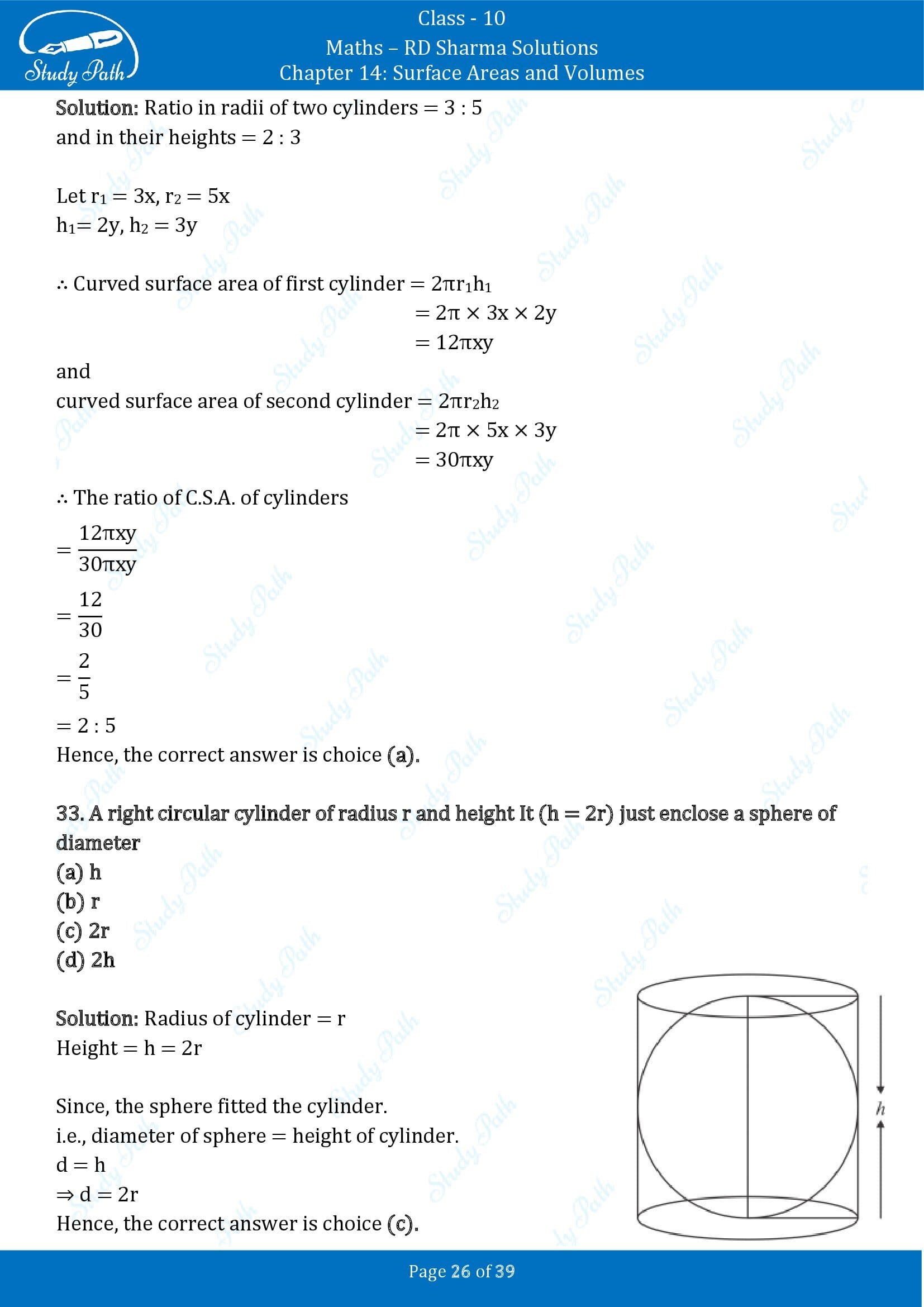 RD Sharma Solutions Class 10 Chapter 14 Surface Areas and Volumes Multiple Choice Question MCQs 00026