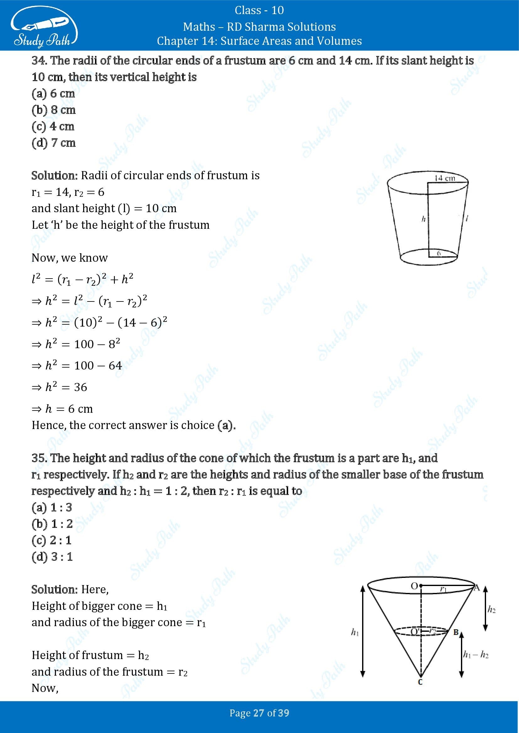 RD Sharma Solutions Class 10 Chapter 14 Surface Areas and Volumes Multiple Choice Question MCQs 00027