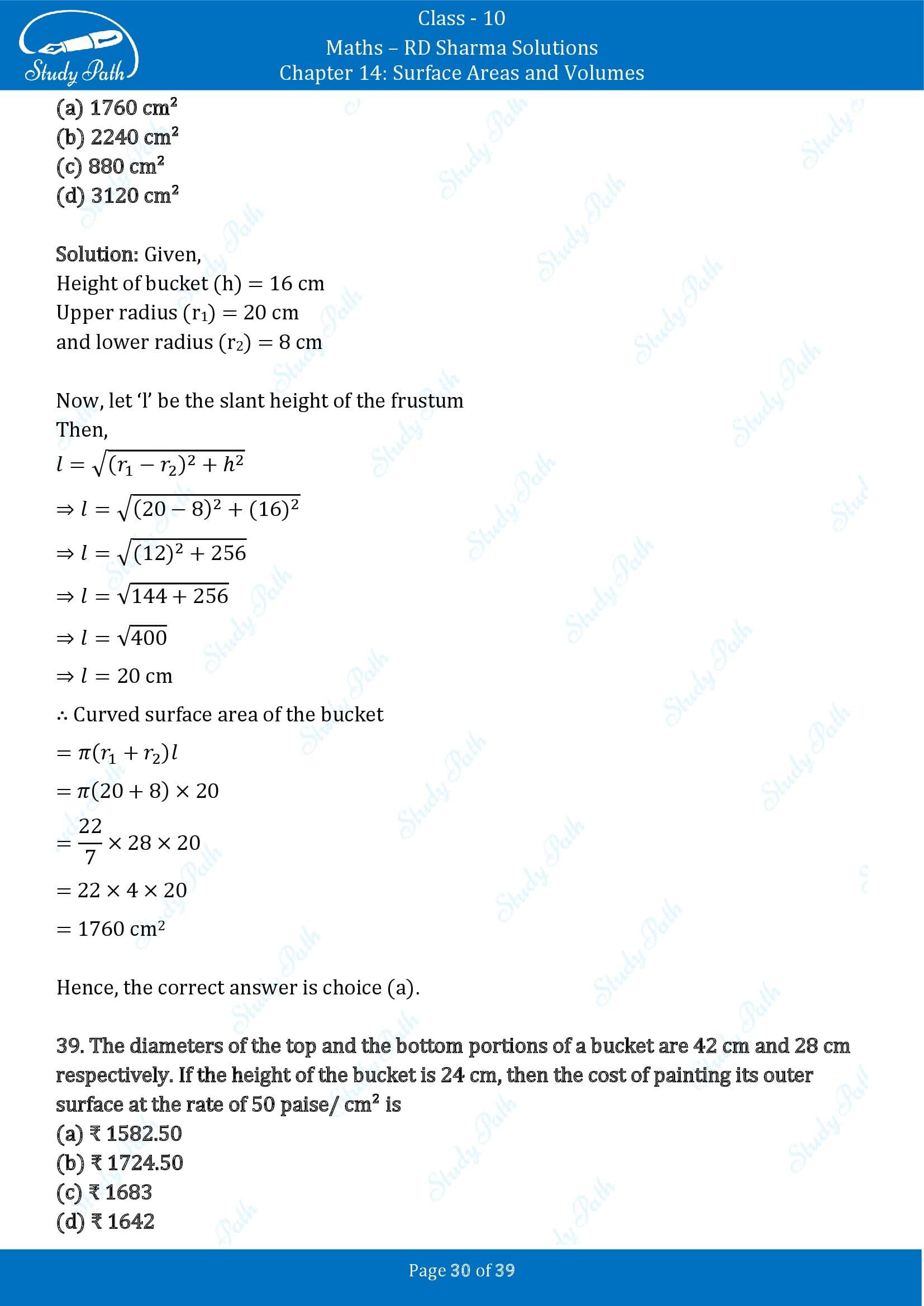 RD Sharma Solutions Class 10 Chapter 14 Surface Areas and Volumes Multiple Choice Question MCQs 00030