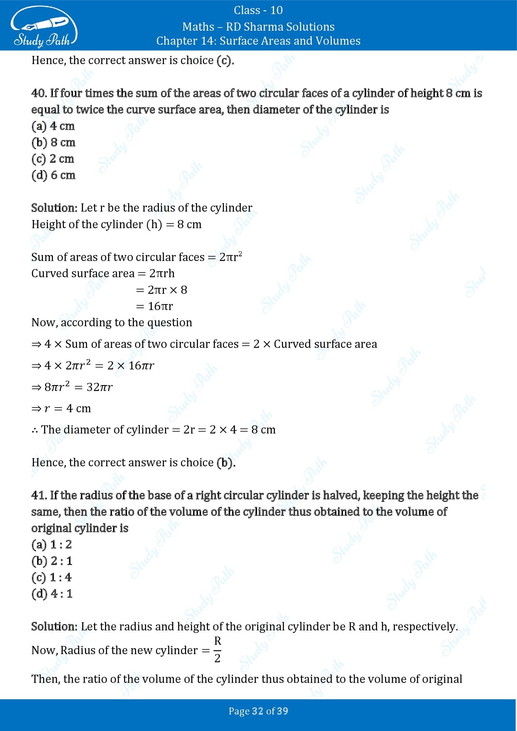 RD Sharma Solutions Class 10 Chapter 14 Surface Areas and Volumes Multiple Choice Question MCQs 00032