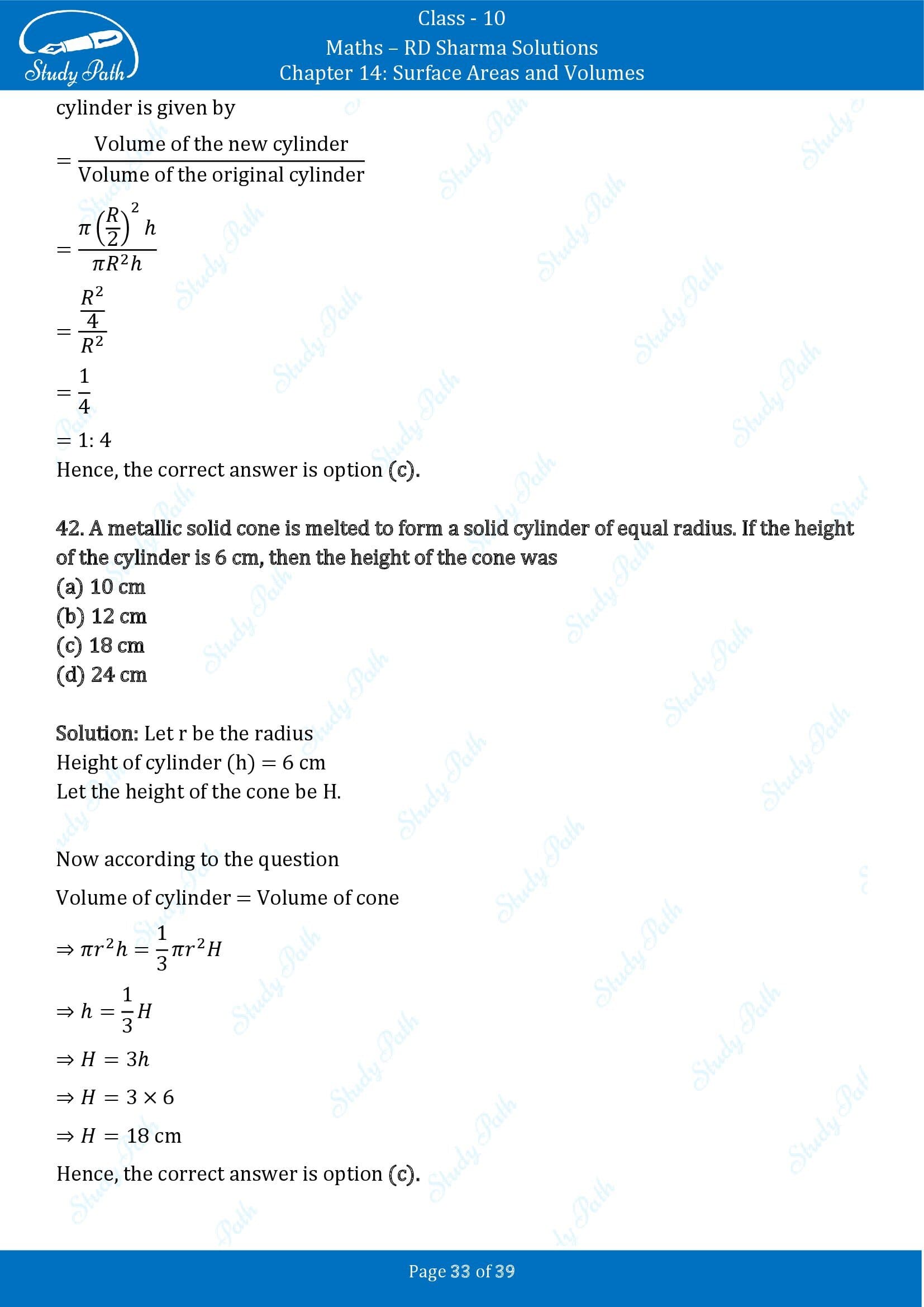 RD Sharma Solutions Class 10 Chapter 14 Surface Areas and Volumes Multiple Choice Question MCQs 00033