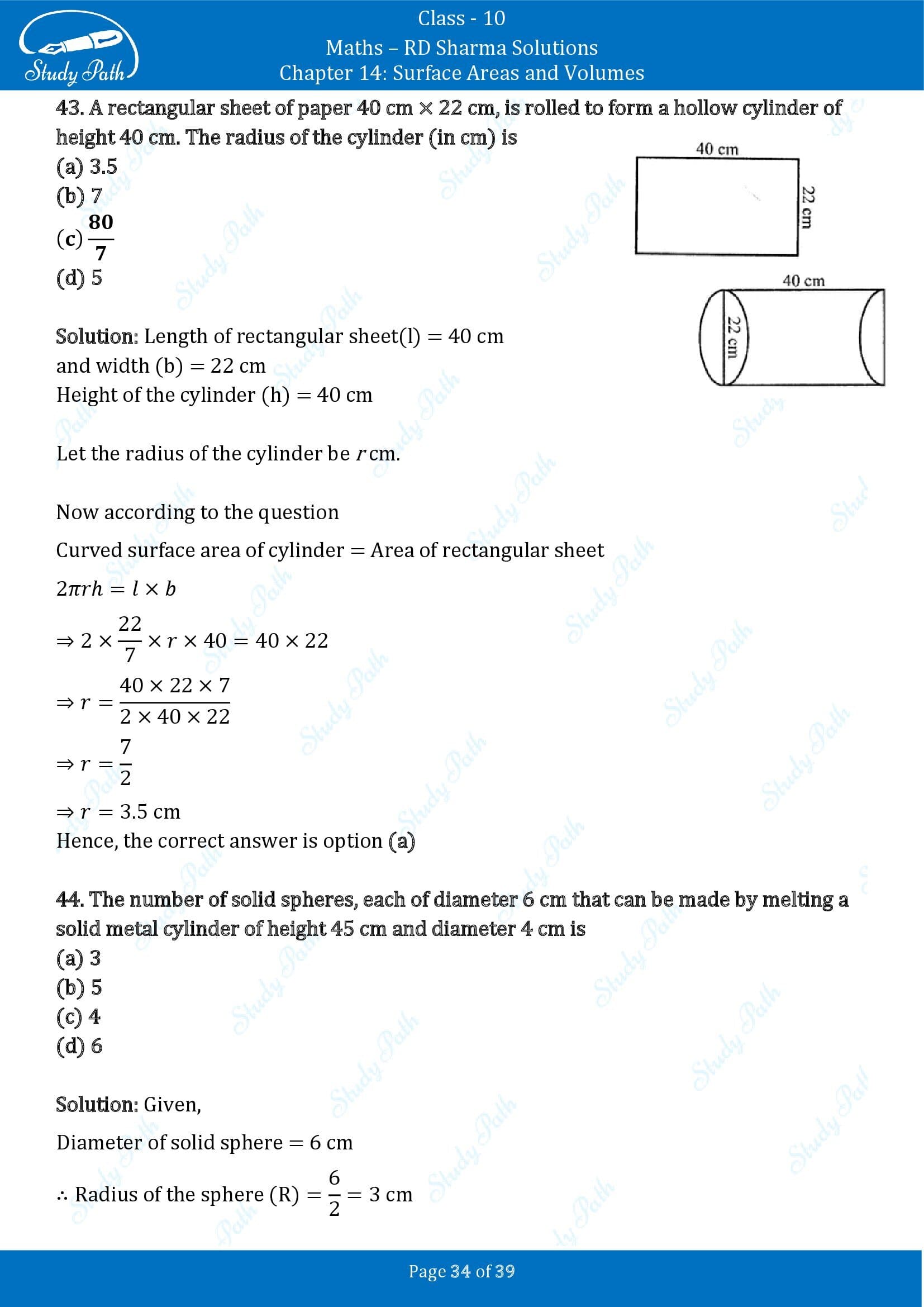 RD Sharma Solutions Class 10 Chapter 14 Surface Areas and Volumes Multiple Choice Question MCQs 00034