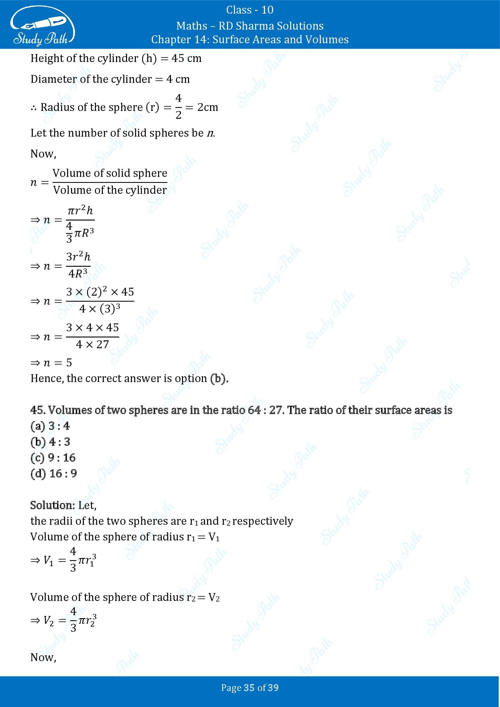 RD Sharma Solutions Class 10 Chapter 14 Surface Areas and Volumes Multiple Choice Question MCQs 00035