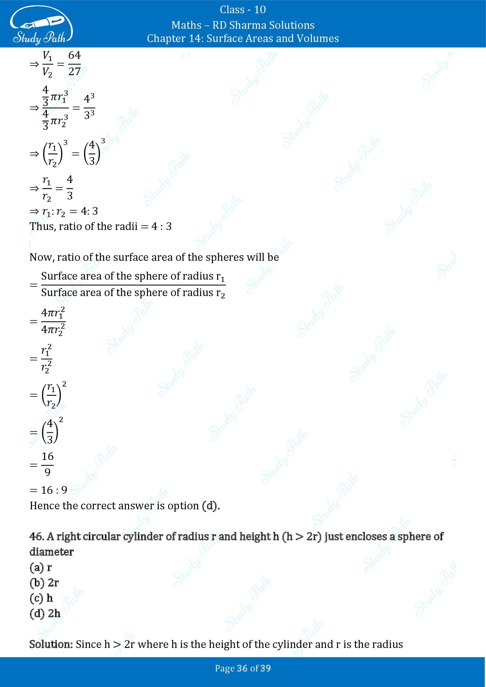 RD Sharma Solutions Class 10 Chapter 14 Surface Areas and Volumes Multiple Choice Question MCQs 00036