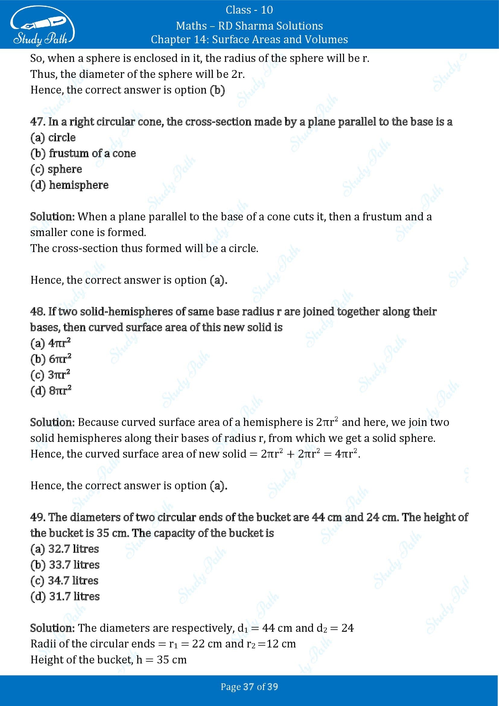 RD Sharma Solutions Class 10 Chapter 14 Surface Areas and Volumes Multiple Choice Question MCQs 00037