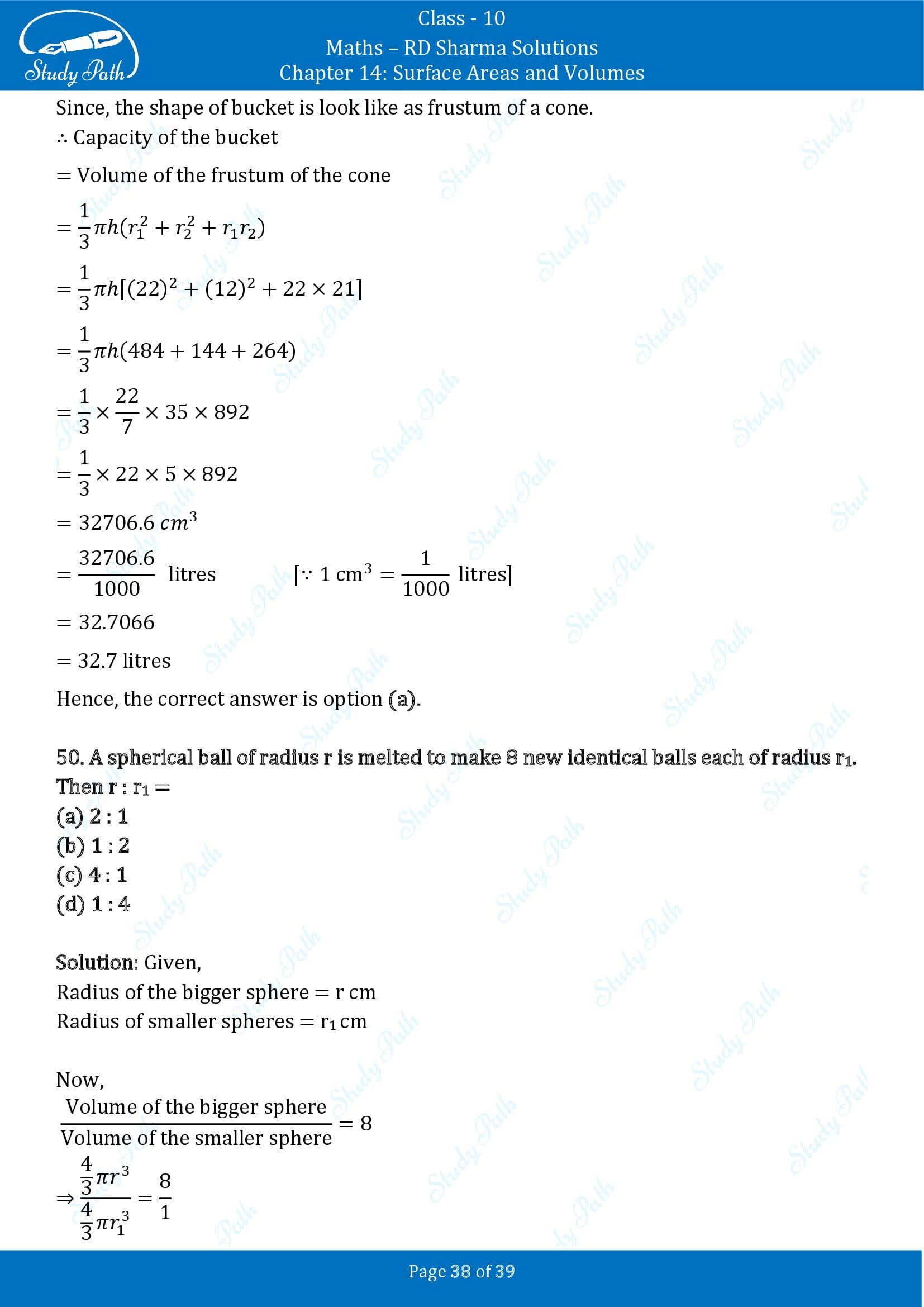 RD Sharma Solutions Class 10 Chapter 14 Surface Areas and Volumes Multiple Choice Question MCQs 00038