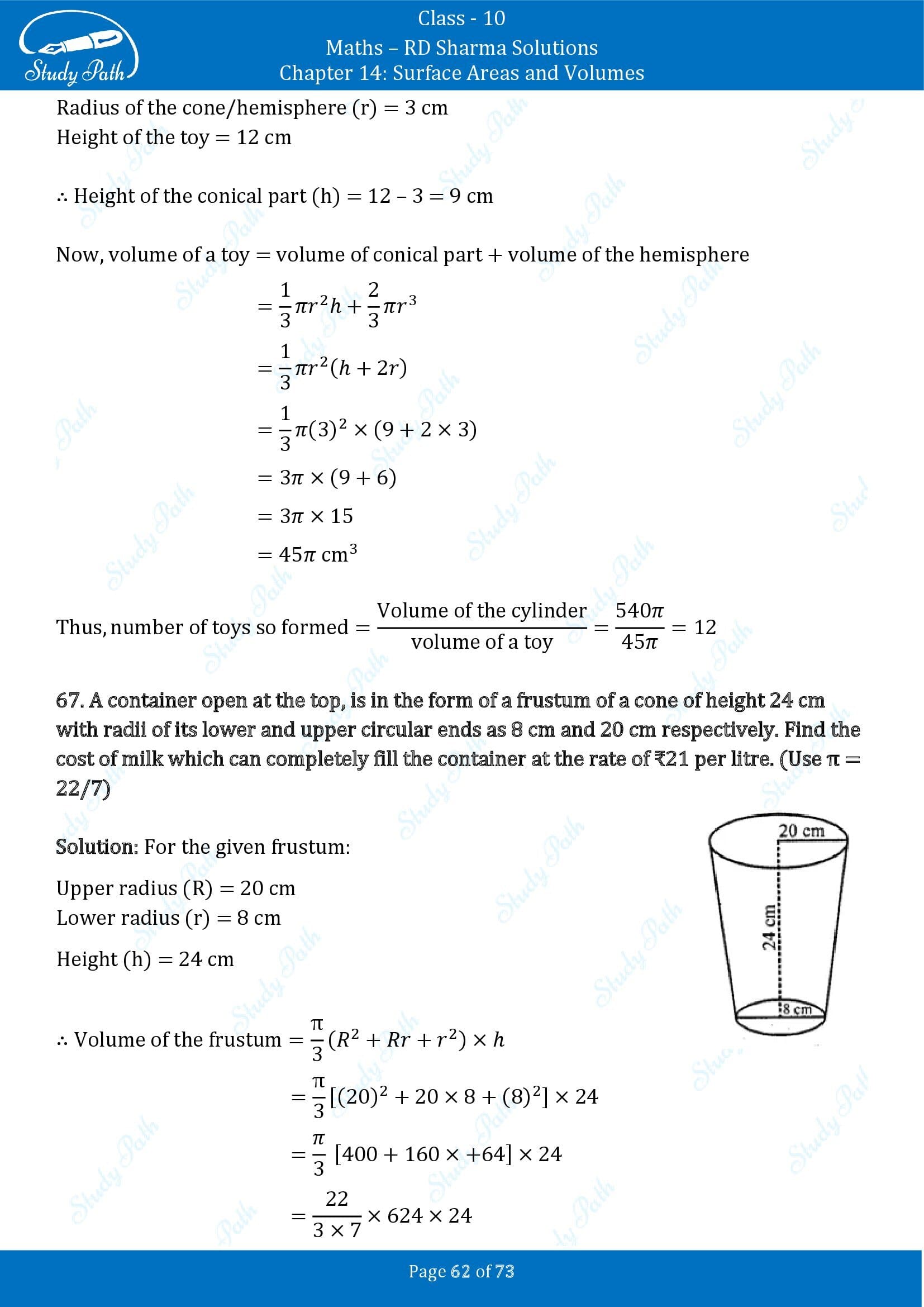 RD Sharma Solutions Class 10 Chapter 14 Surface Areas and Volumes Revision