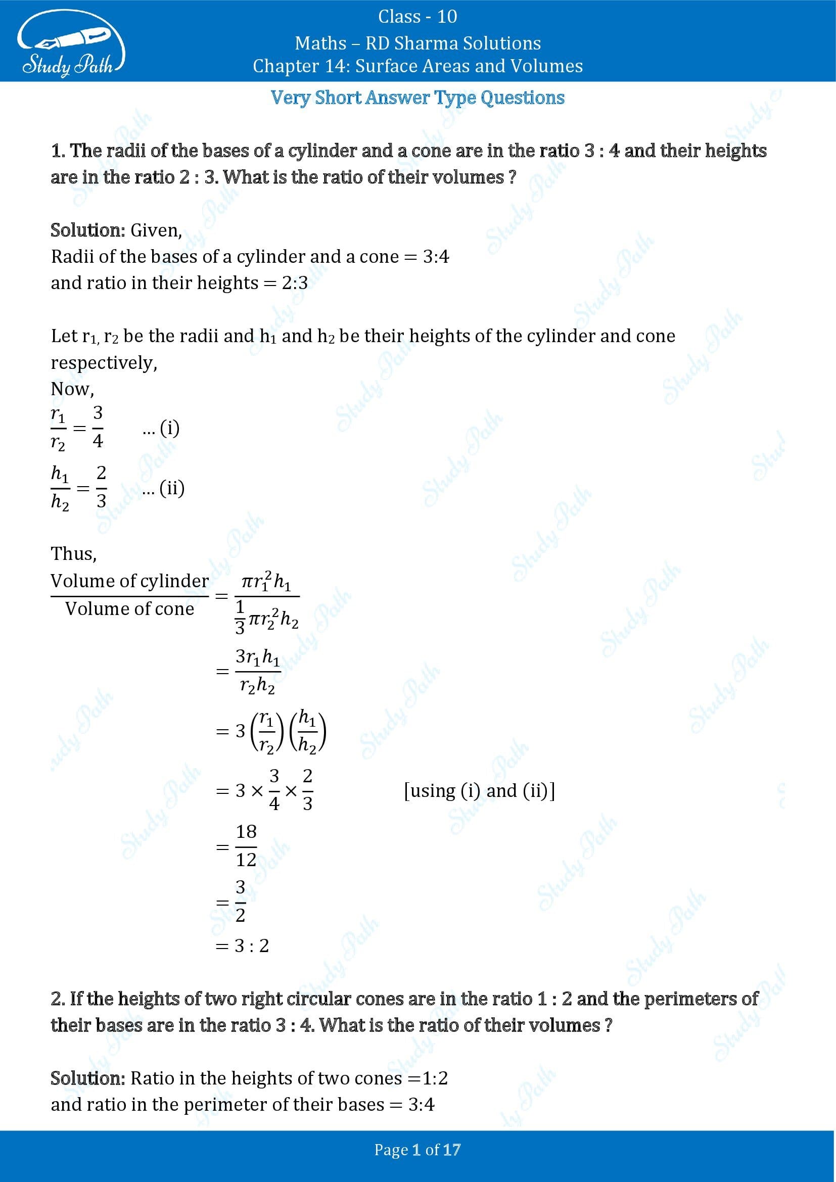 RD Sharma Solutions Class 10 Chapter 14 Surface Areas and Volumes Very Short Answer Type Questions VSAQs 00001
