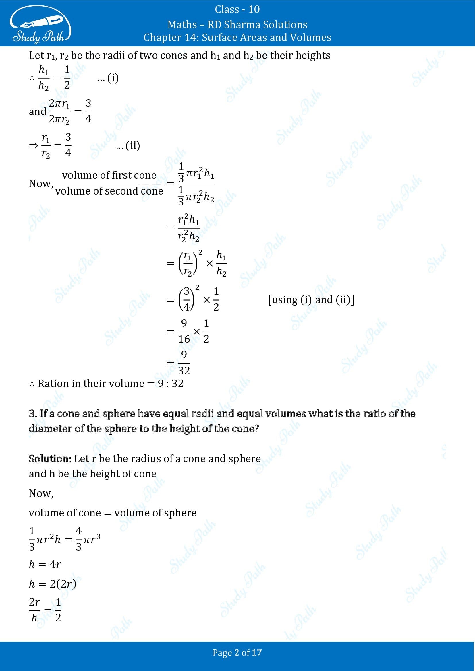 RD Sharma Solutions Class 10 Chapter 14 Surface Areas and Volumes Very Short Answer Type Questions VSAQs 00002