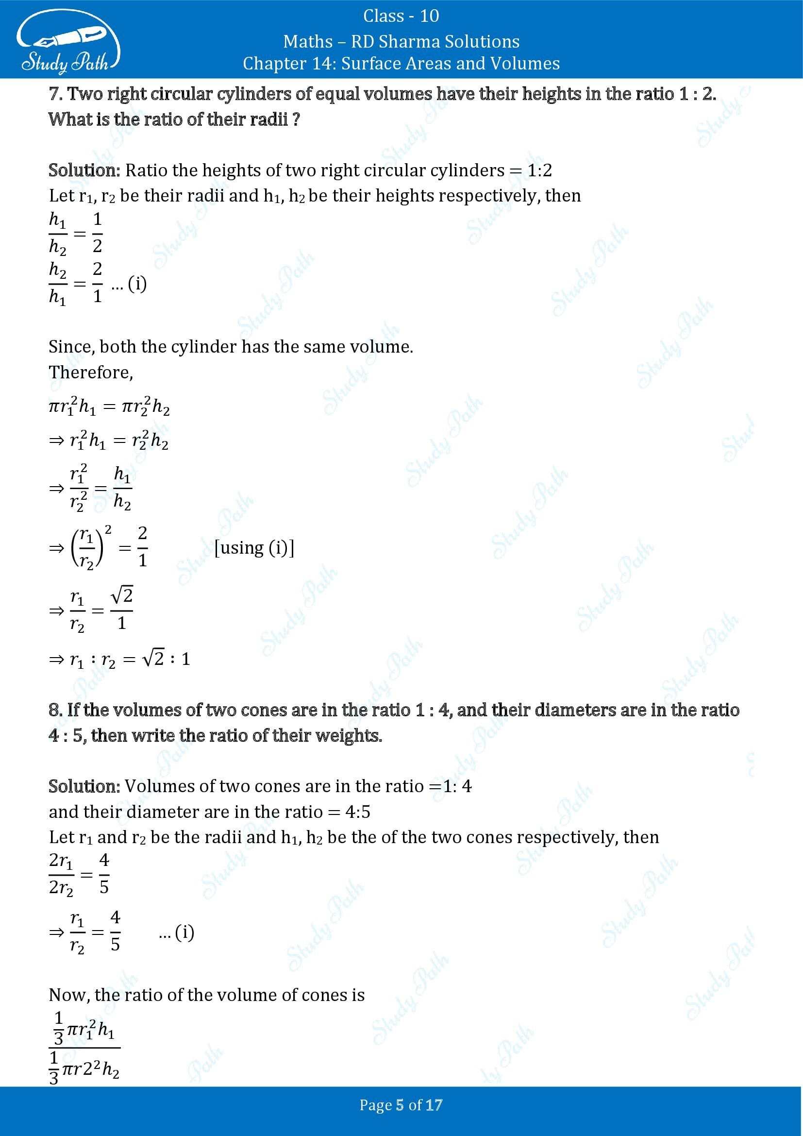 RD Sharma Solutions Class 10 Chapter 14 Surface Areas and Volumes Very Short Answer Type Questions VSAQs 00005